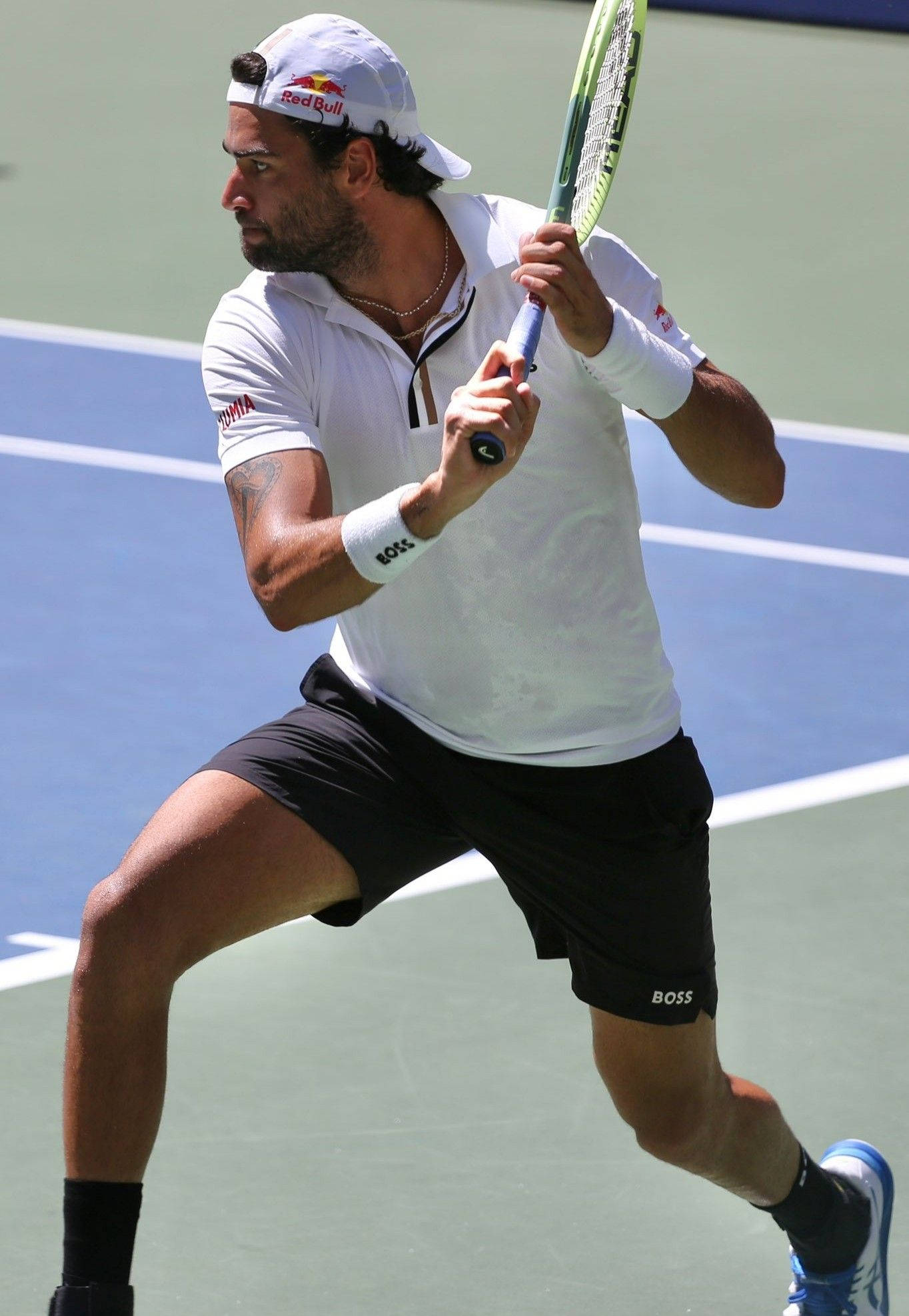 Matteo Berrettini, white shirt, black shorts, Full HD Phone Wallpaper