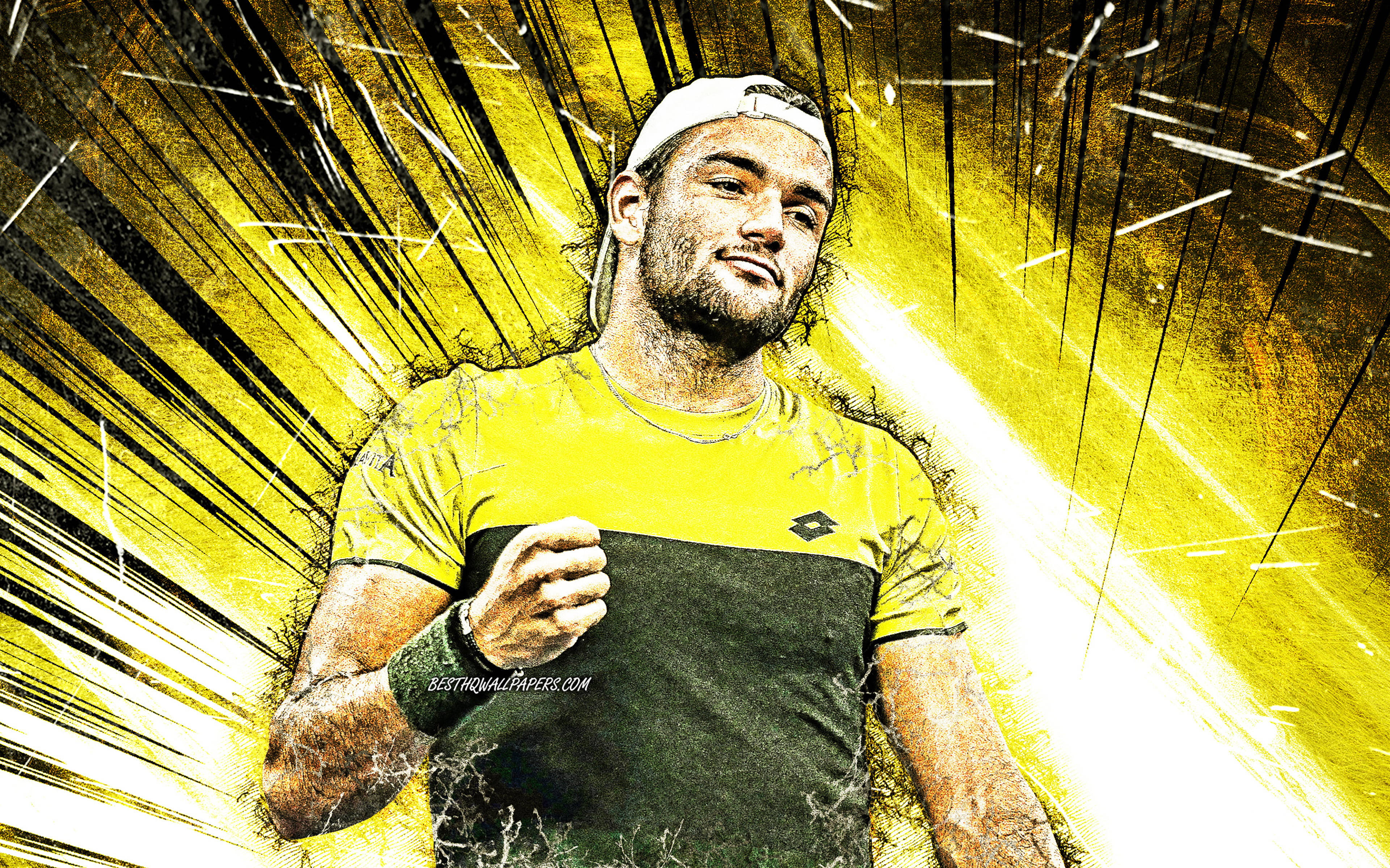 Matteo Berrettini, yellow and black shirt, yellow and black radiating background, 4K Desktop Wallpaper