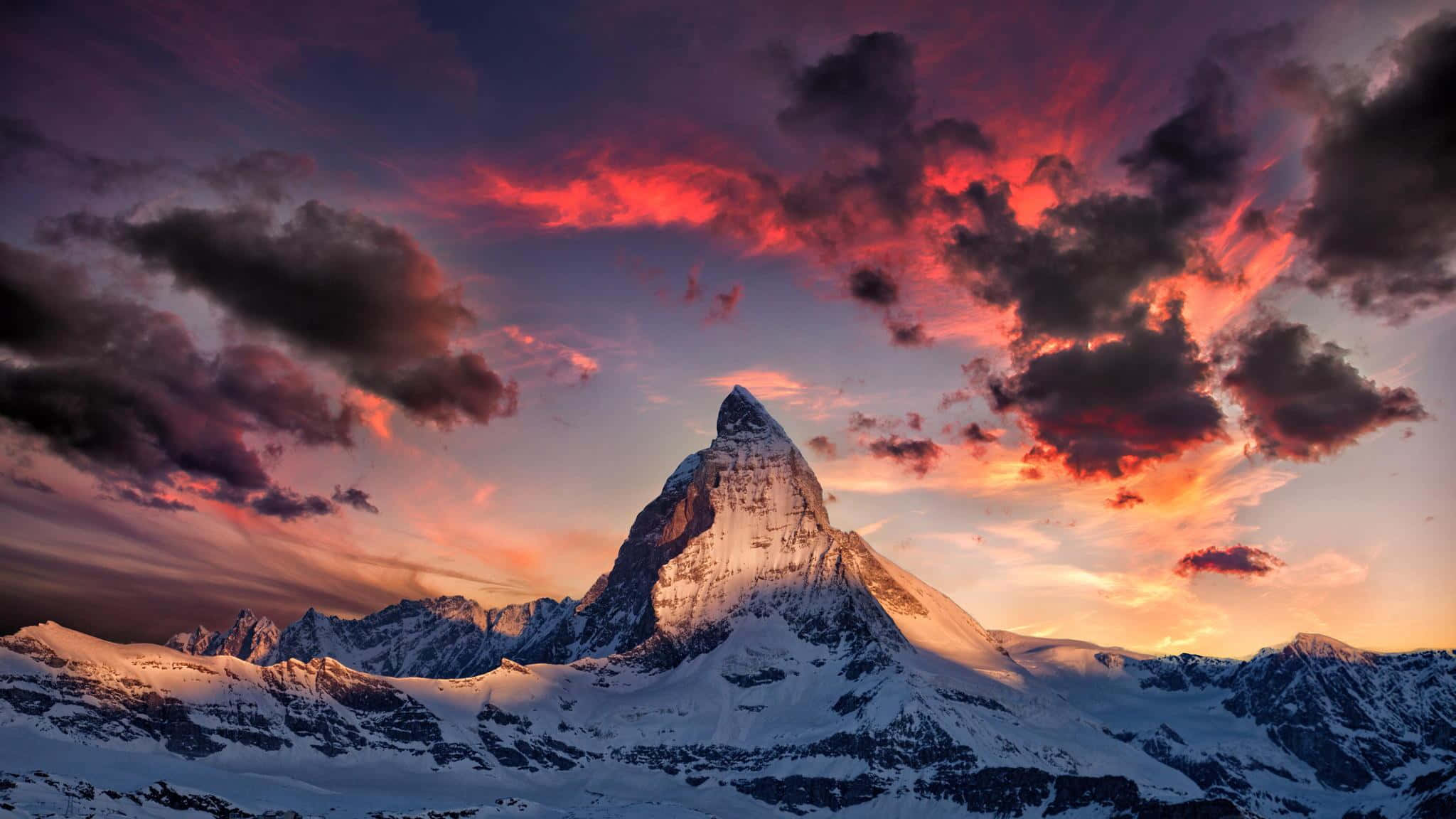 Matterhorn, snow-capped mountain peak, fiery sunset sky, Full HD Desktop Wallpaper