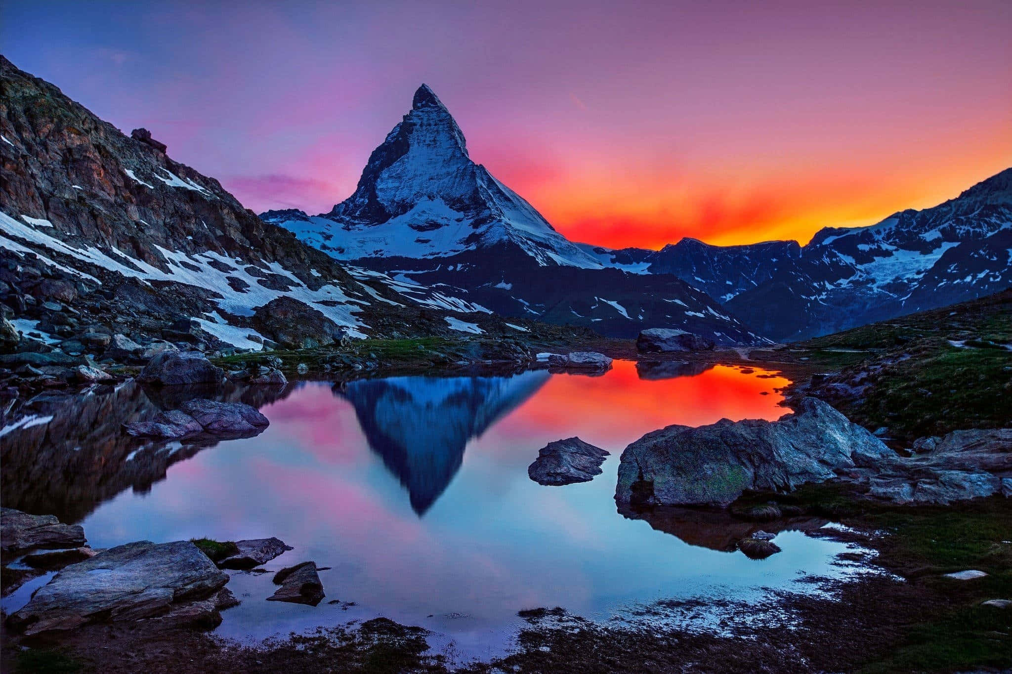 Matterhorn, snowcapped mountain peak, alpine lake, Full HD Desktop Wallpaper