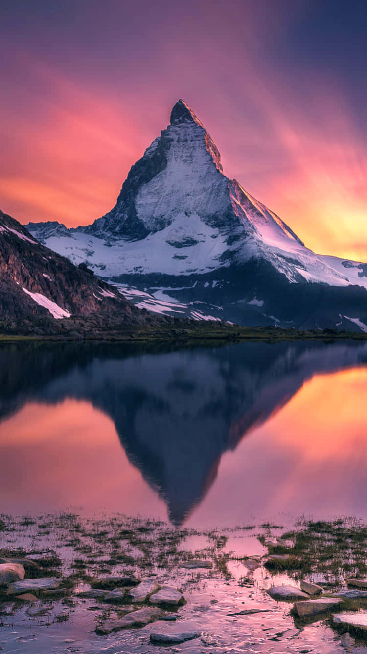 Matterhorn, sunset sky, pink and orange sunset, HD Phone Wallpaper
