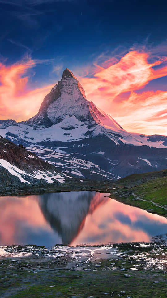 Matterhorn, snow-capped mountain peak, calm lake, SD Phone Wallpaper