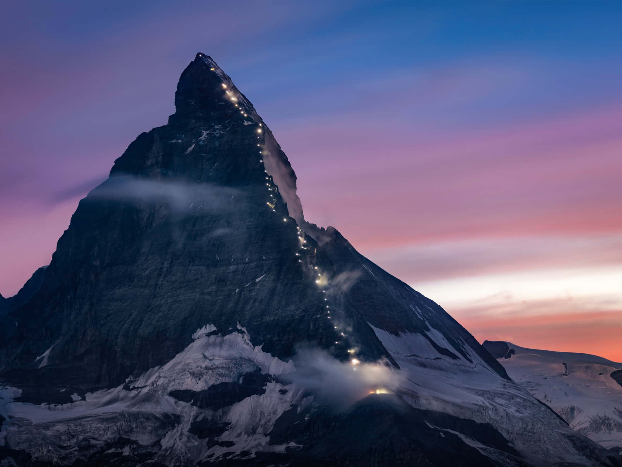 Matterhorn, lights on the ridge, snow-capped mountain peak, Full HD Desktop Wallpaper