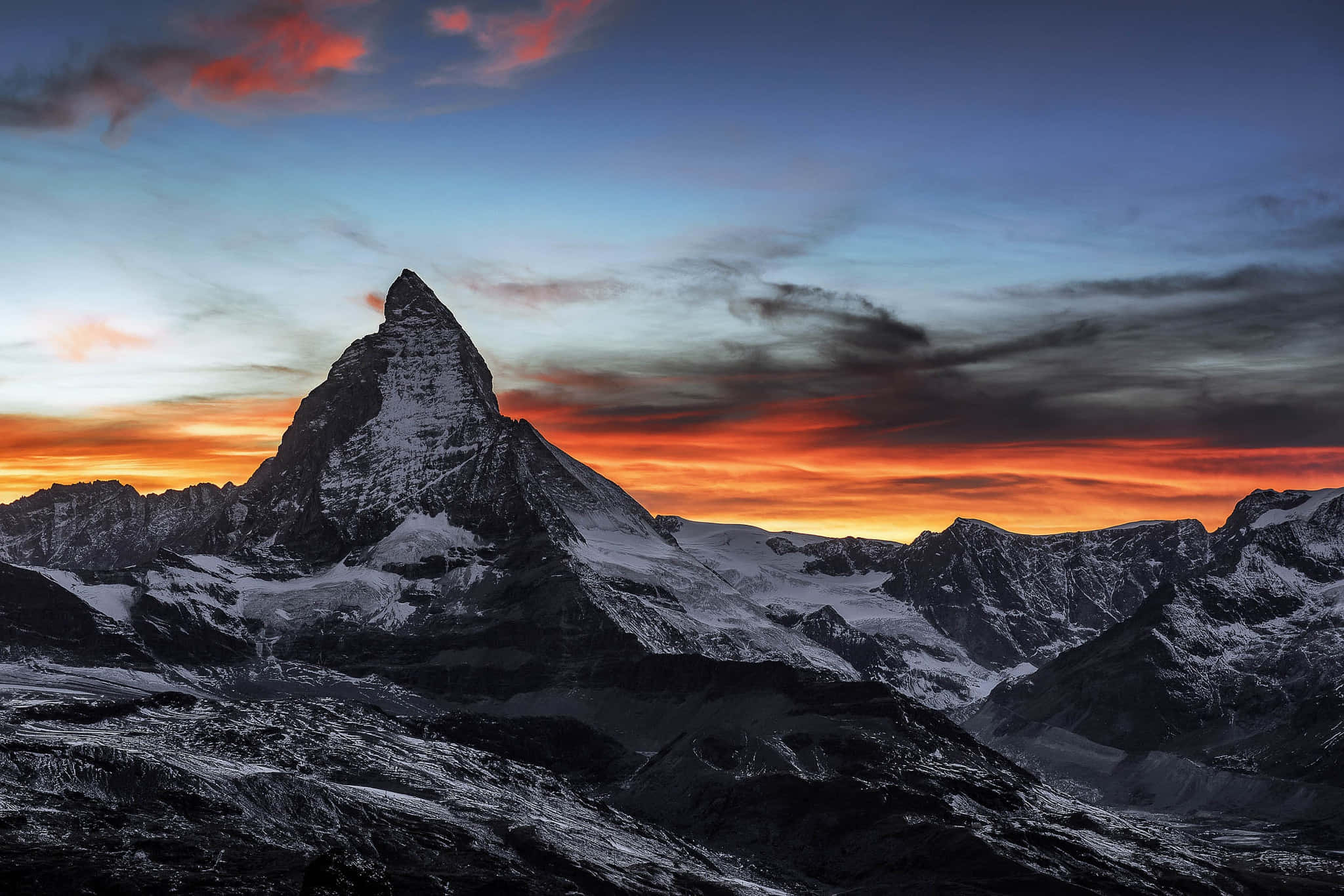 Matterhorn, orange sunset sky, snowcapped mountain peak, Full HD Desktop Wallpaper