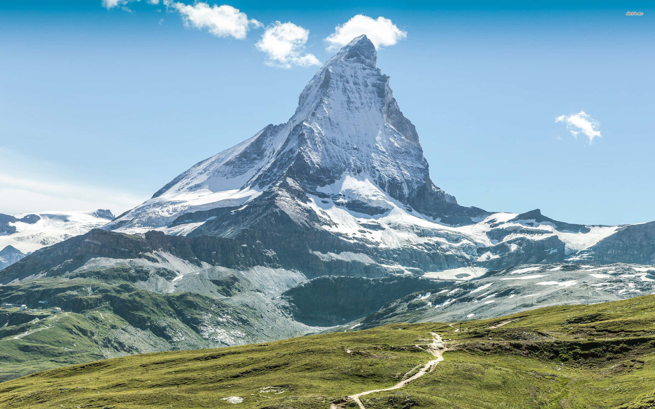 Matterhorn, grassy trail, snow-capped mountain peak, 2K Desktop Wallpaper