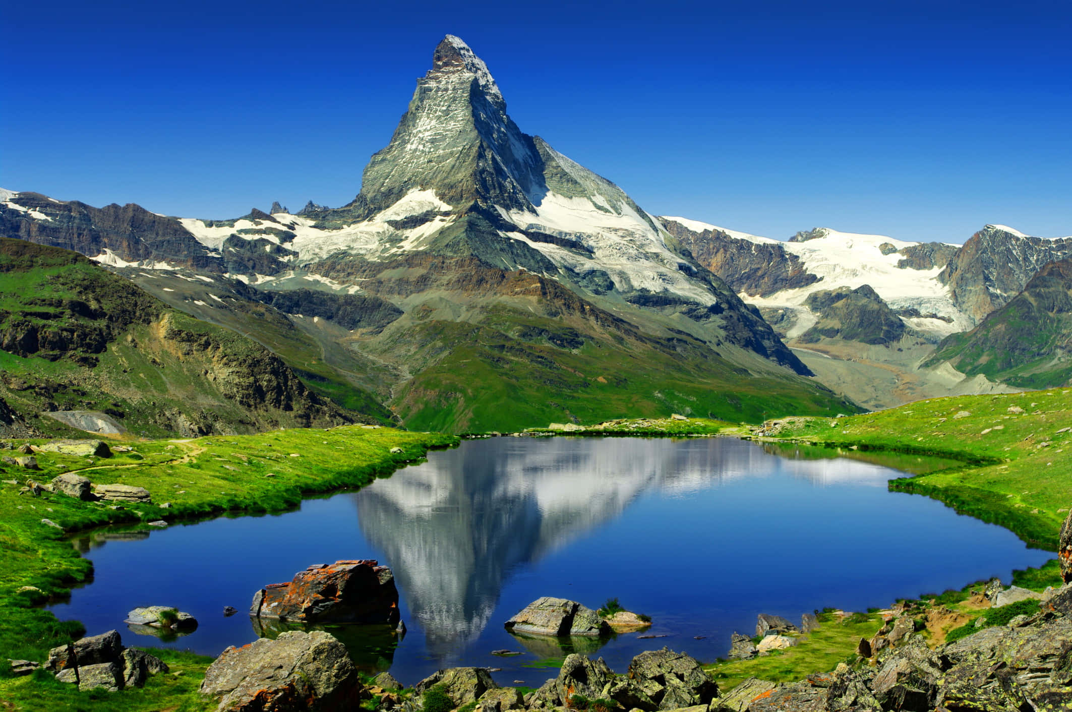 Matterhorn, alpine lake, snow-capped mountain, Full HD Desktop Wallpaper