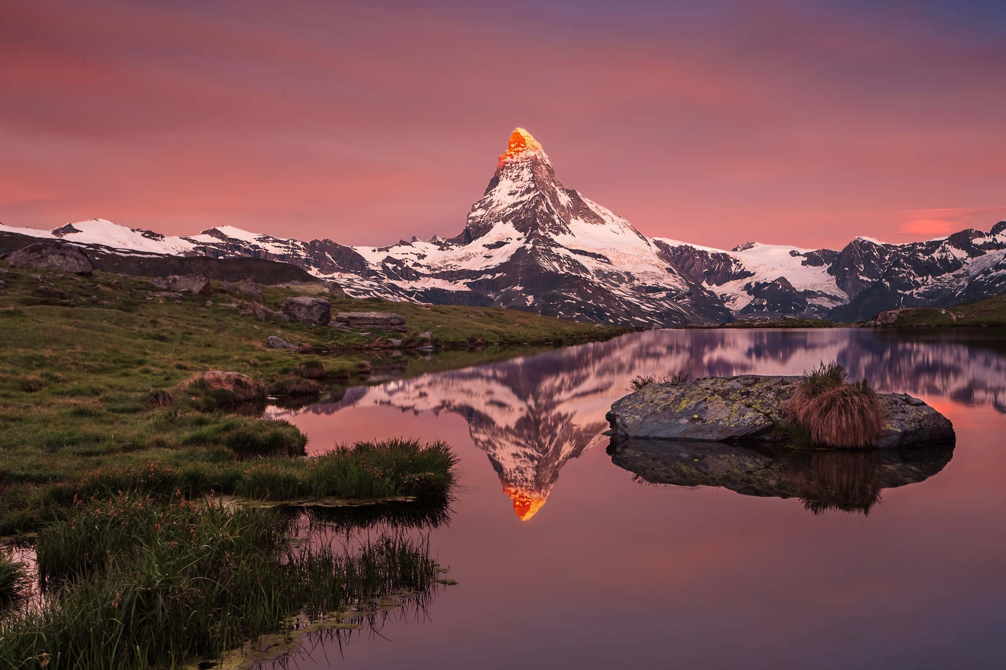 Matterhorn, red orange sky, sunset, Full HD Desktop Wallpaper