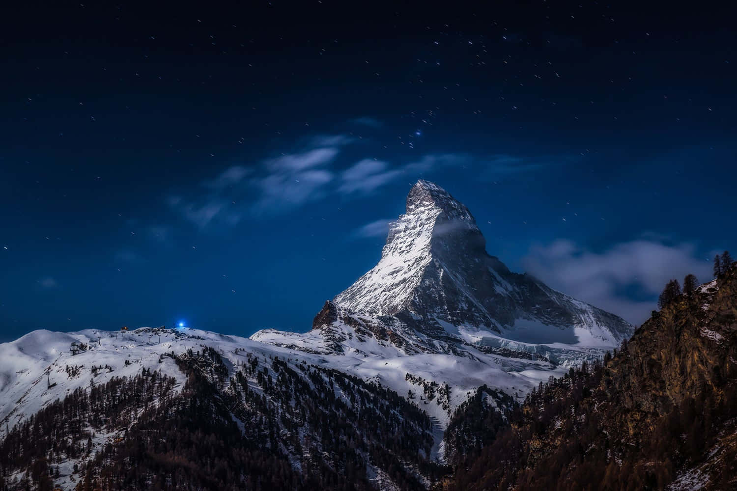 Matterhorn, starry night sky, drifting clouds, HD Desktop Wallpaper