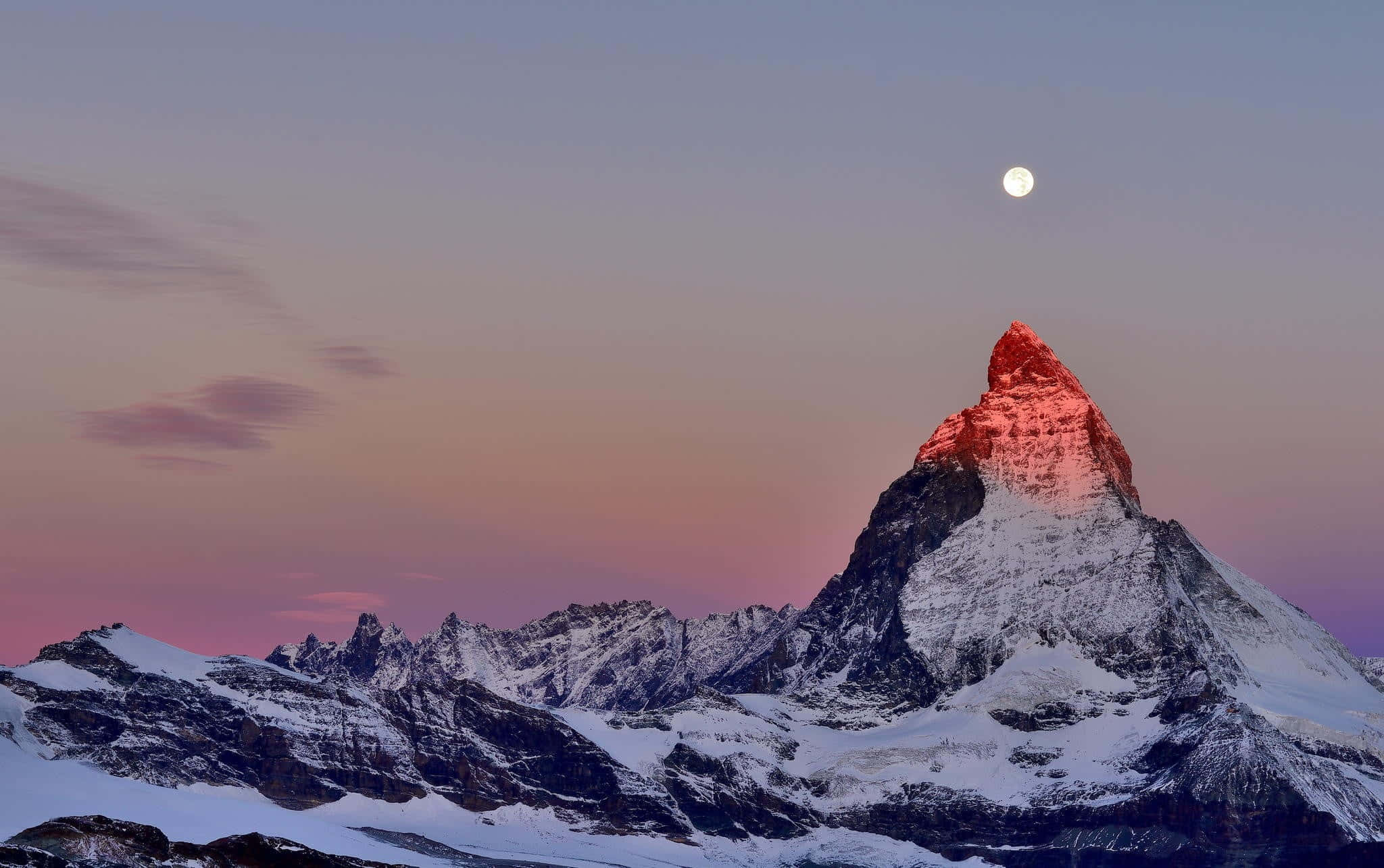 Matterhorn, pink sunset glow, full moon, Full HD Desktop Wallpaper