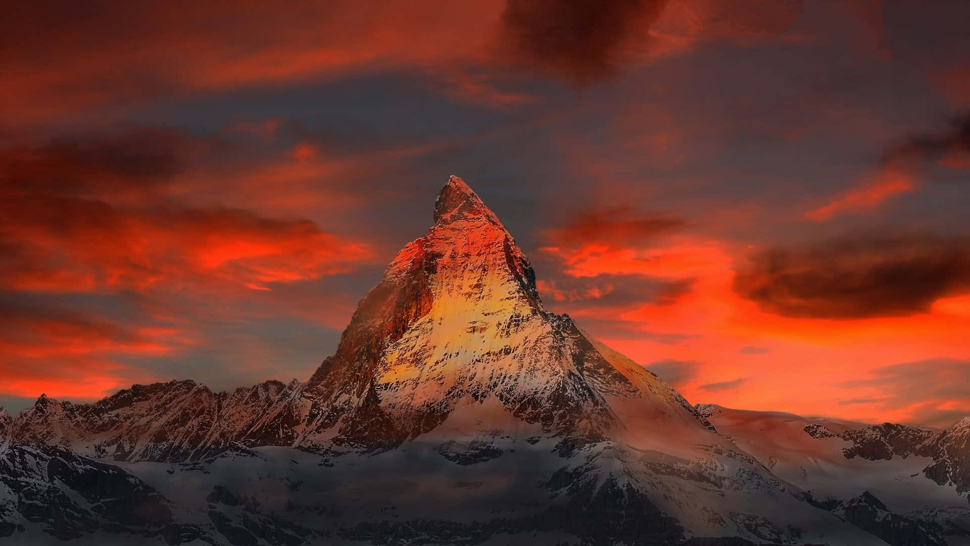 Matterhorn, red sunset, golden glow, Full HD Desktop Wallpaper