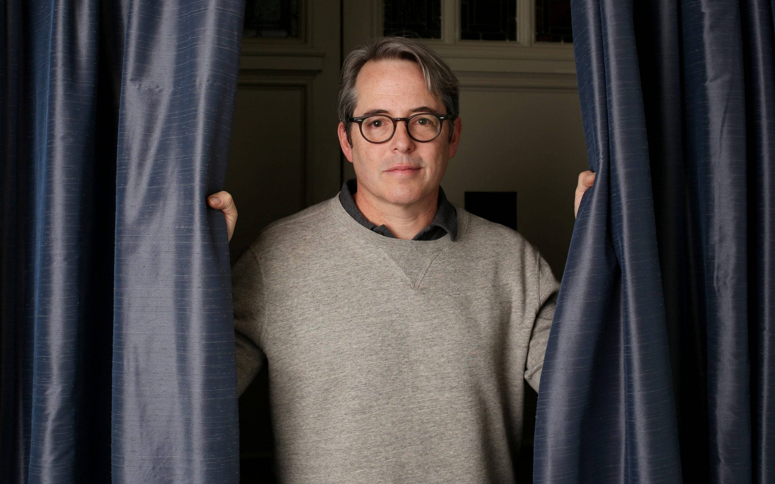 Matthew Broderick, glasses, blue curtains, Full HD Desktop Wallpaper