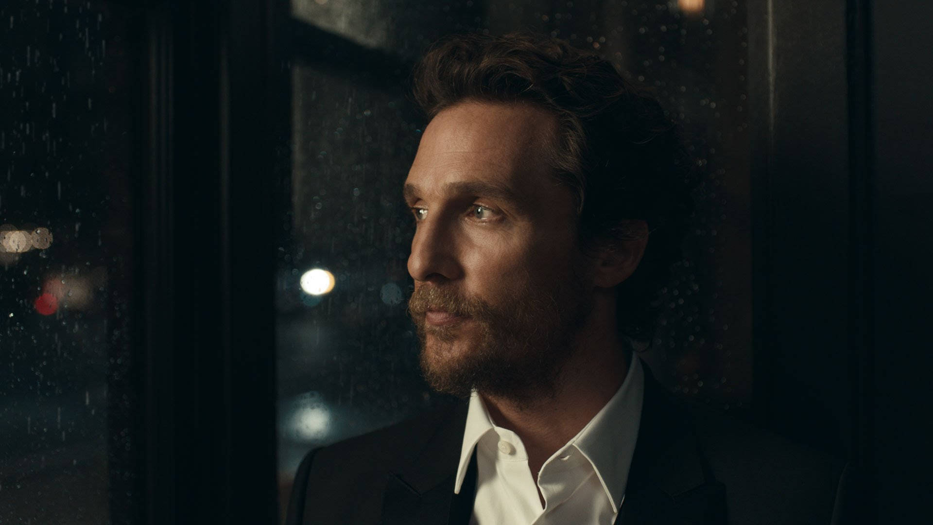 Matthew Mcconaughey, rain-splattered window, night, Full HD Desktop Wallpaper