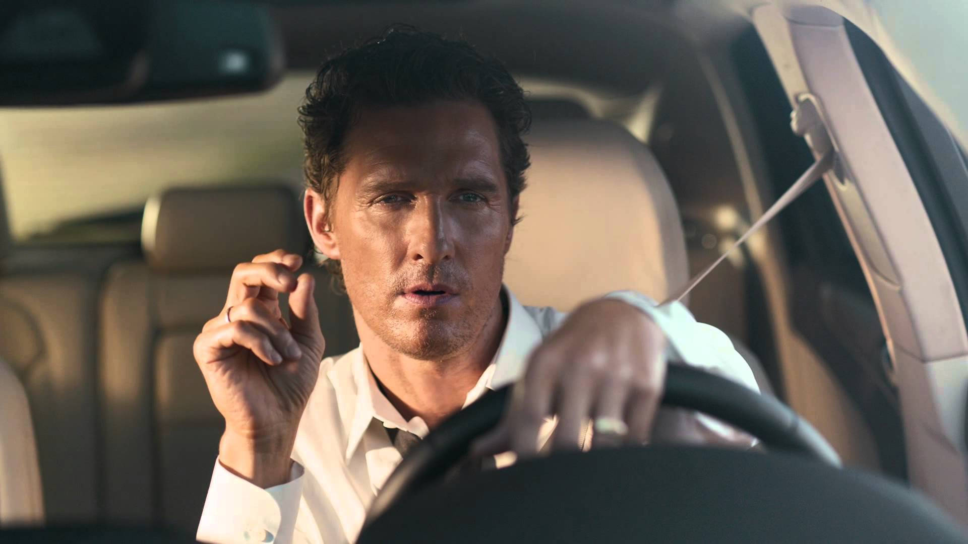 Matthew Mcconaughey, driver's seat, white shirt, Full HD Desktop Wallpaper