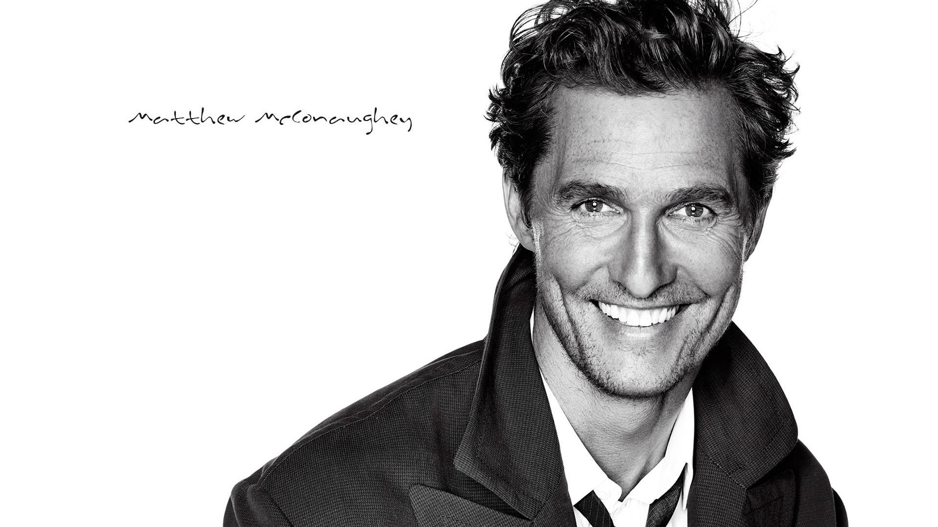 Matthew McConaughey, black and white portrait, warm smile, Full HD Desktop Wallpaper