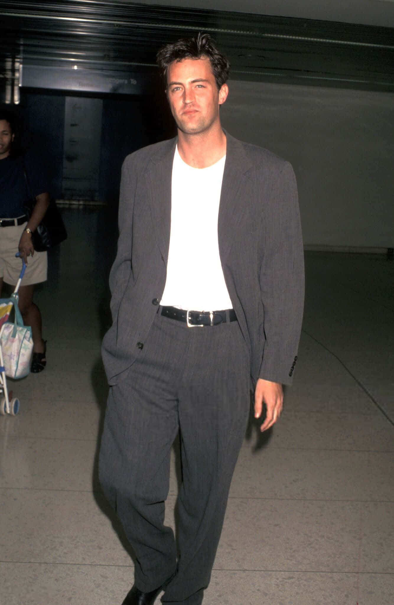 Matthew Perry, gray suit, white tee, Full HD Phone Wallpaper