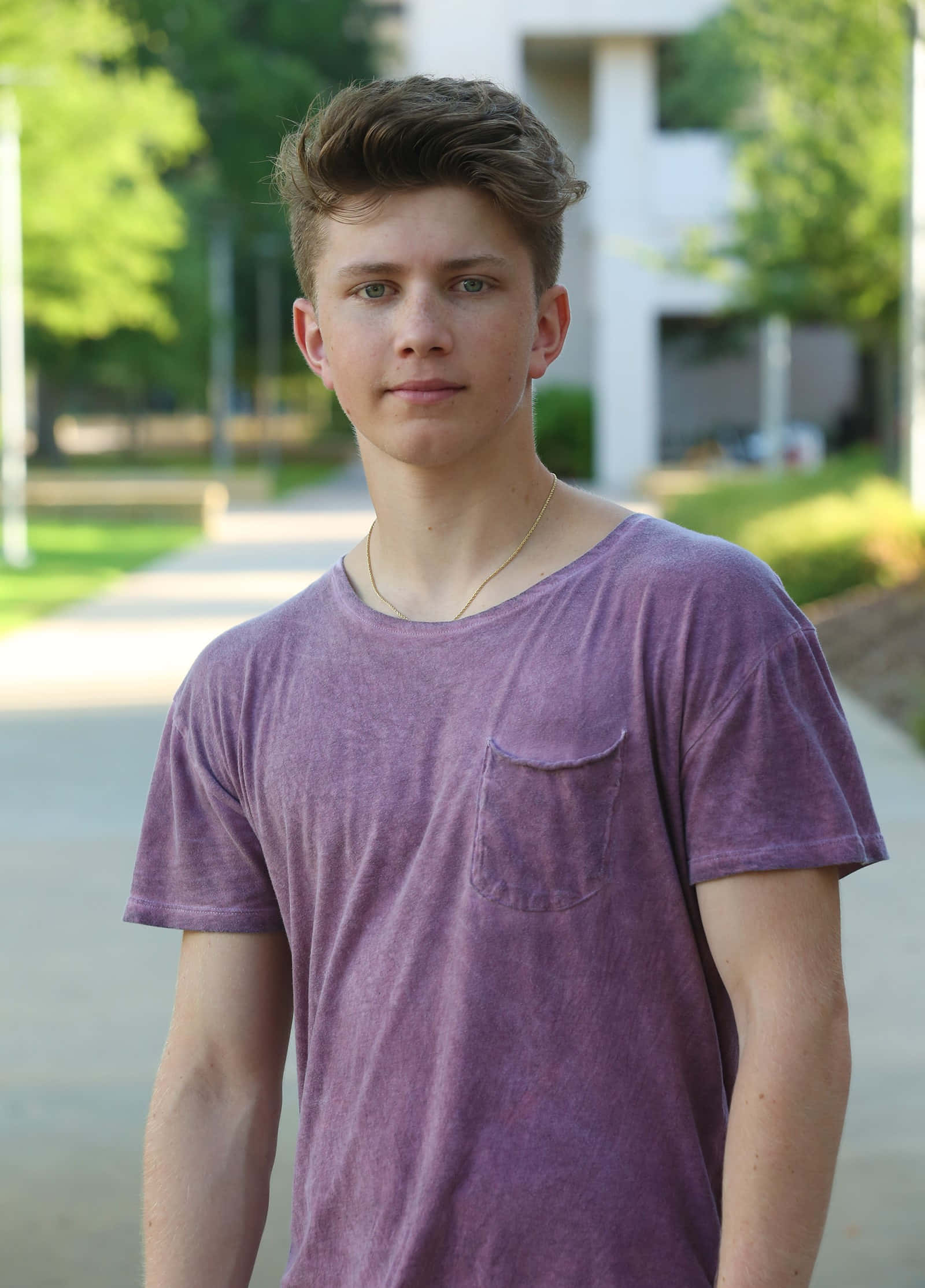 Matty B, purple tshirt, sunlit campus sidewalk, Full HD Phone Wallpaper