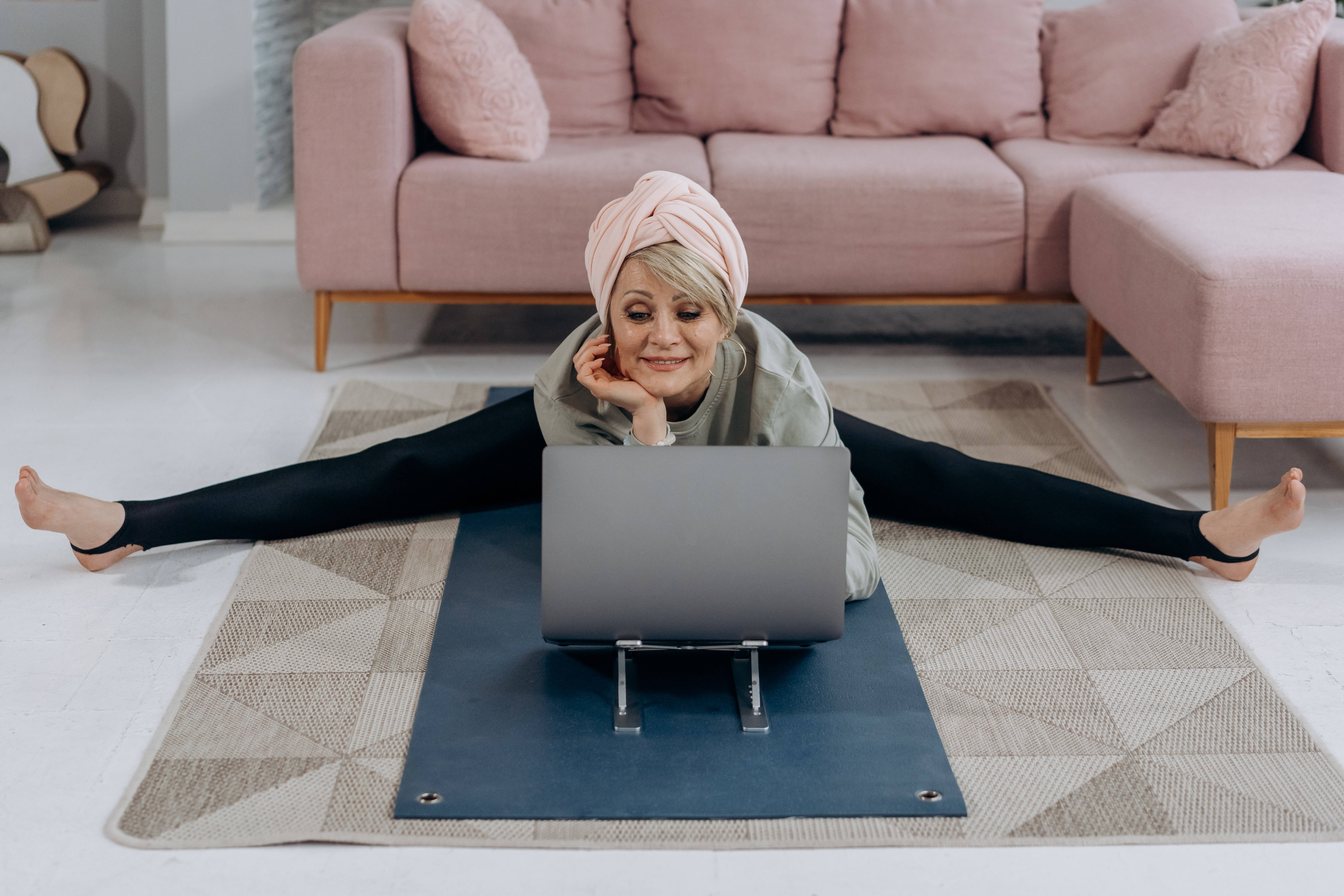 pink headwrap, yoga mat, laptop, 5K Desktop Wallpaper