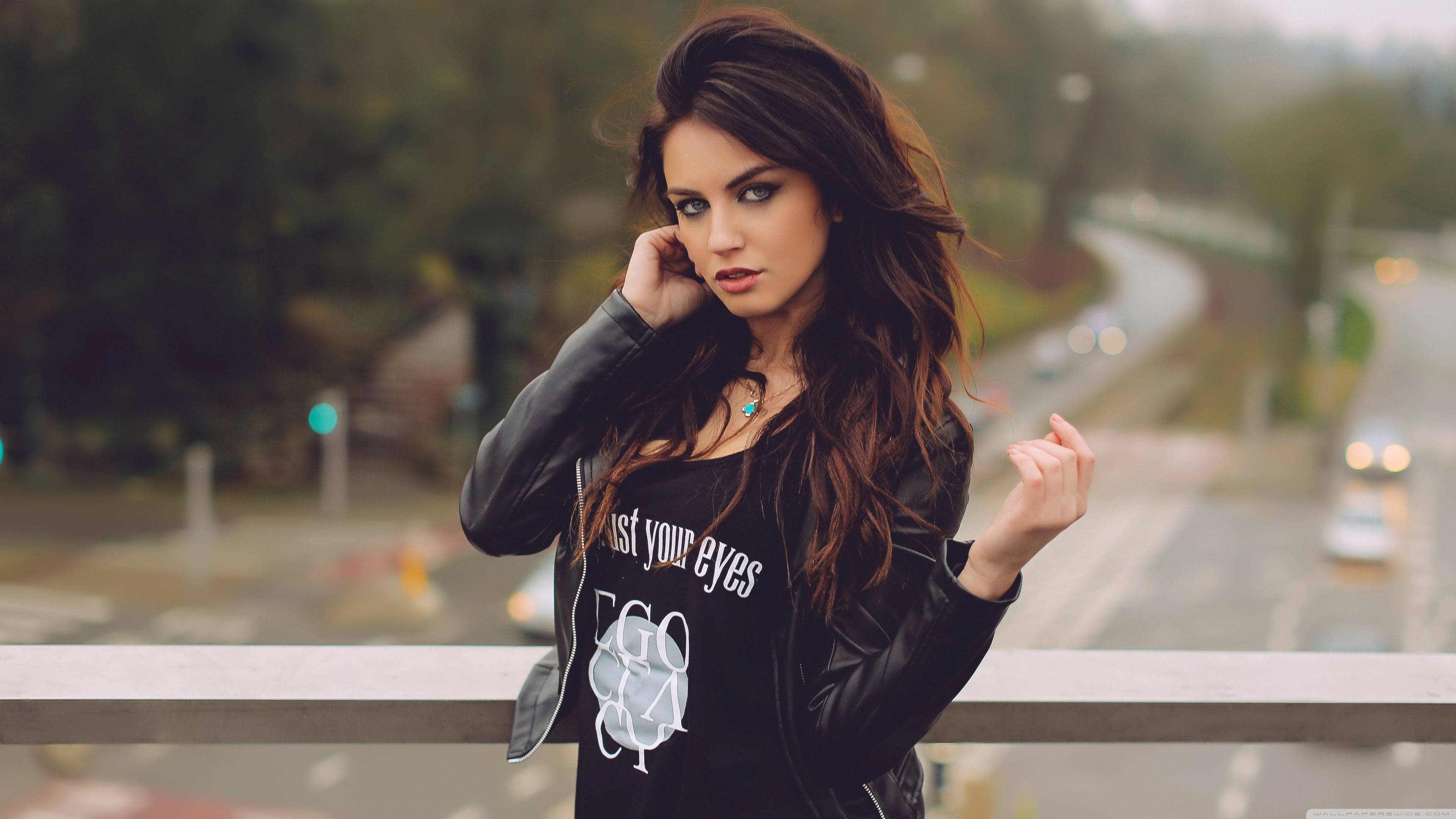 long dark hair, black leather jacket, bridge railing, 4K Desktop Wallpaper