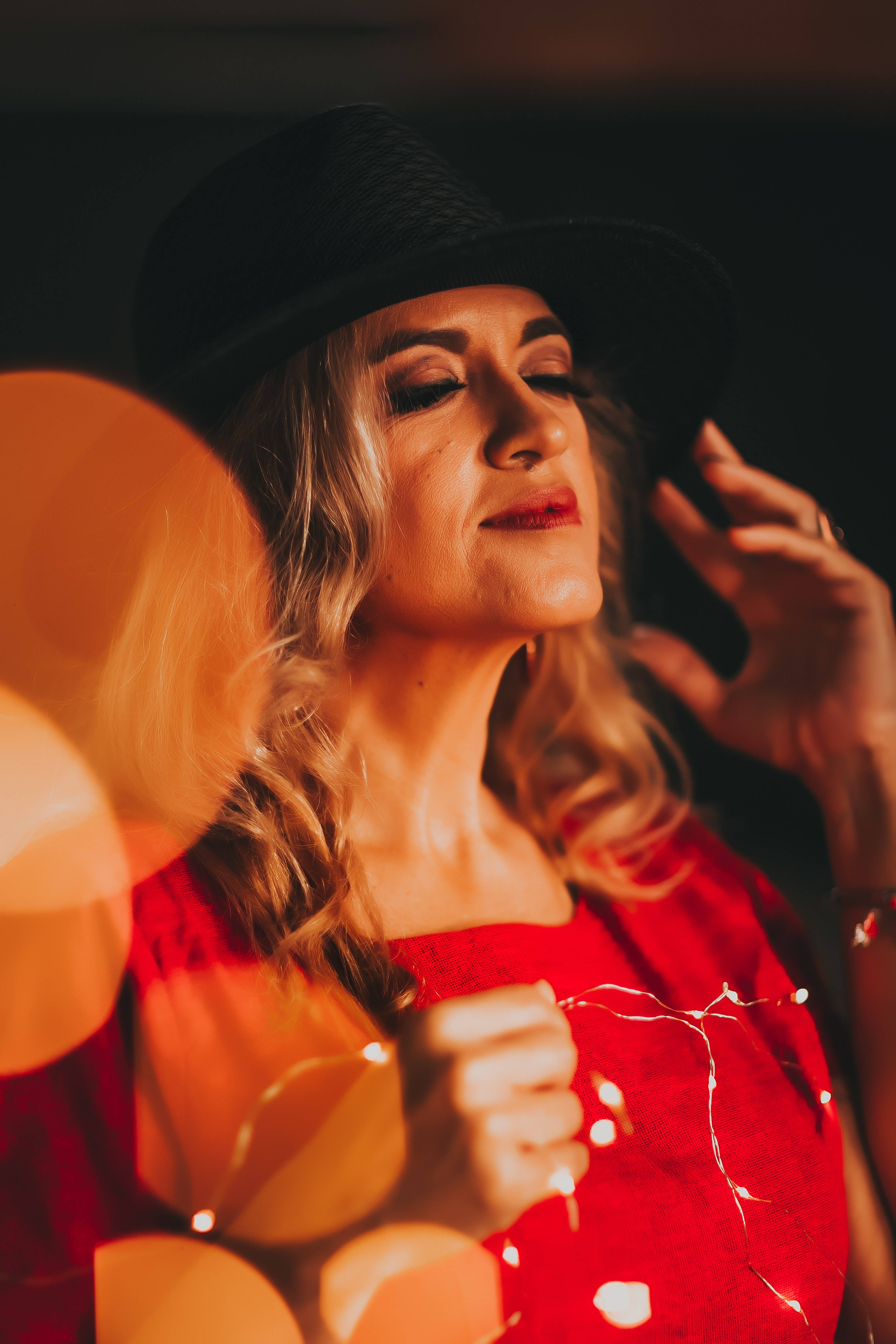 black hat, red dress, string lights, 4K Phone Wallpaper