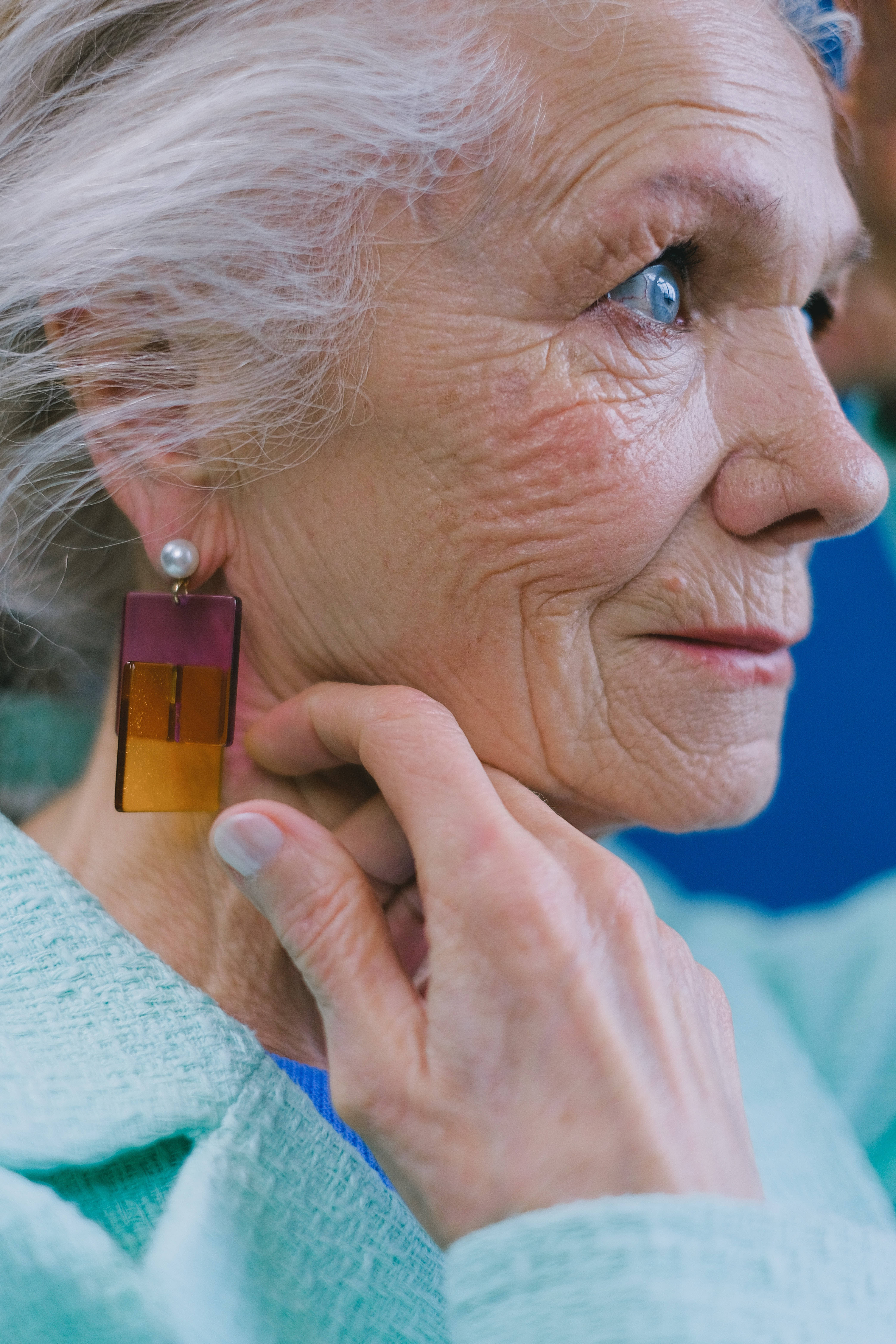 elderly woman, silver hair, blue eyes, 5K Phone Wallpaper