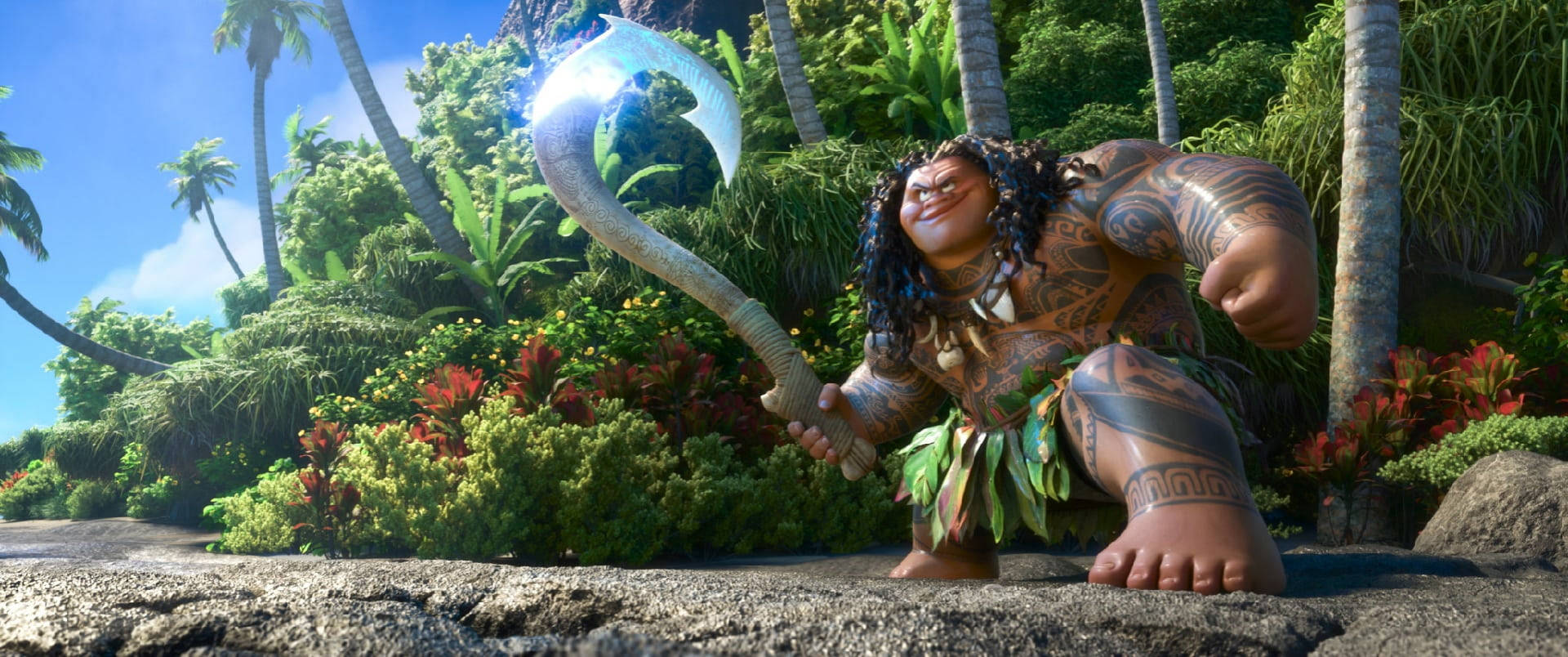 Maui Moana, glowing curved weapon, lush tropical jungle, Full HD Desktop Wallpaper