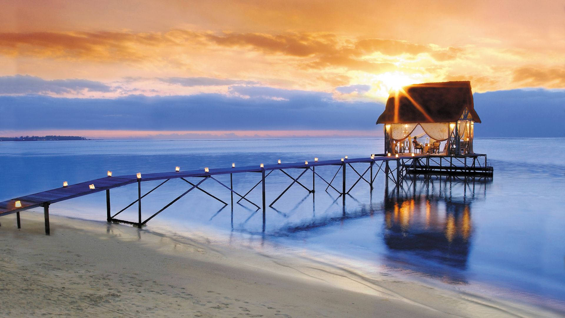house with bridge in mauritius, wooden pier, lit lanterns, Full HD Desktop Wallpaper