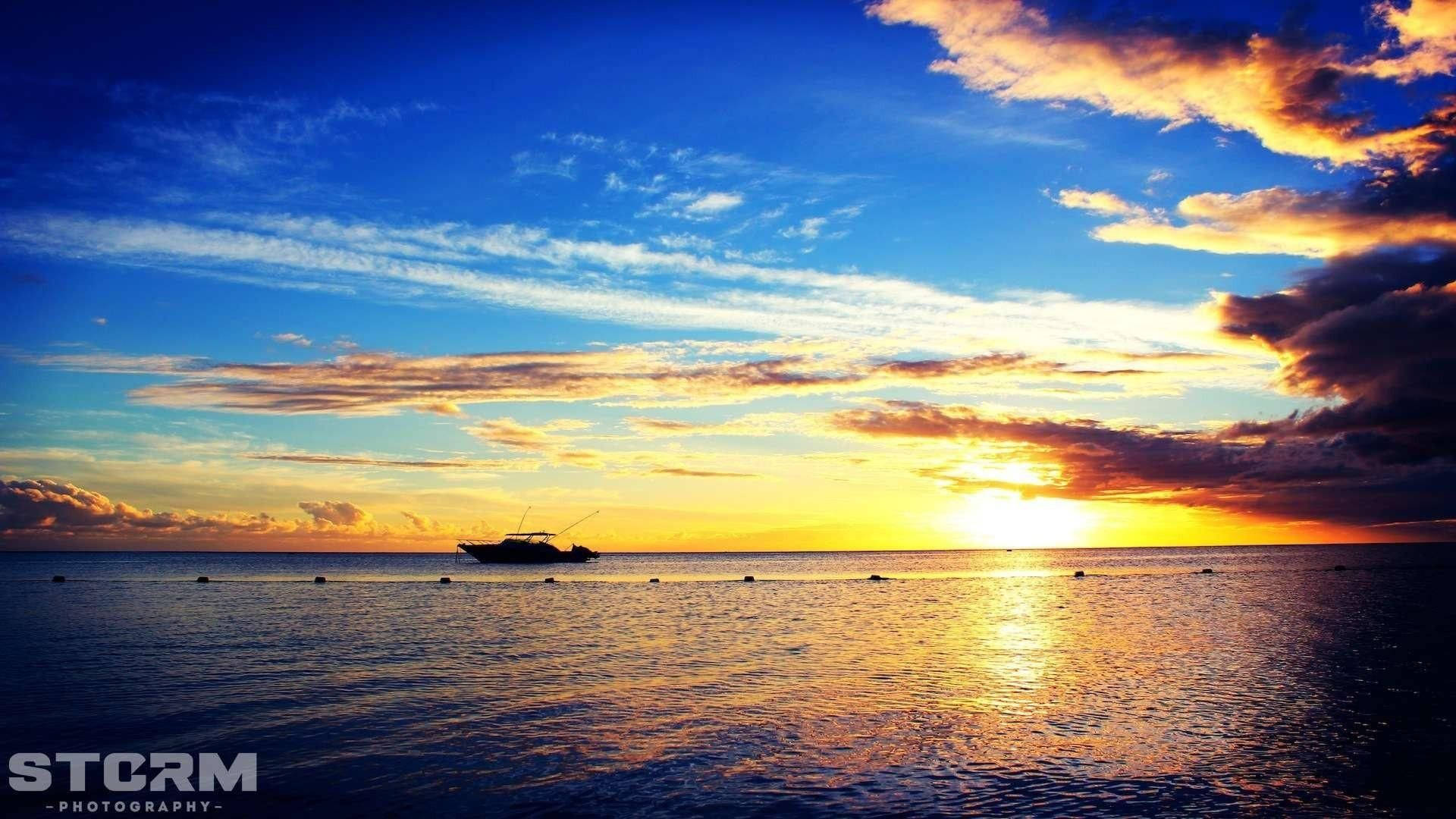 Mauritius, sunset, fishing boat, Full HD Desktop Wallpaper