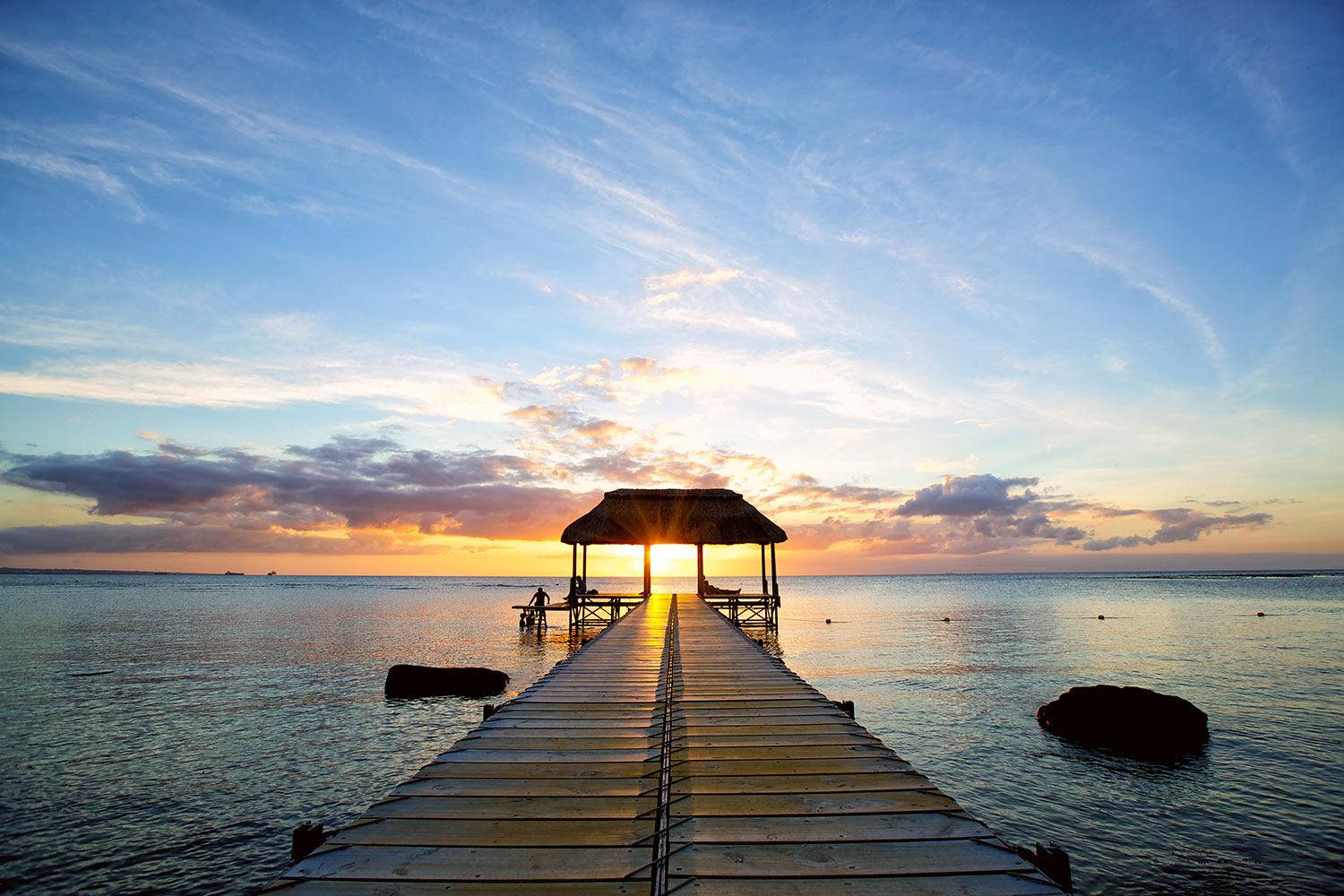 Mauritius, wooden bridge, thatched-roof pavilion, HD Desktop Wallpaper