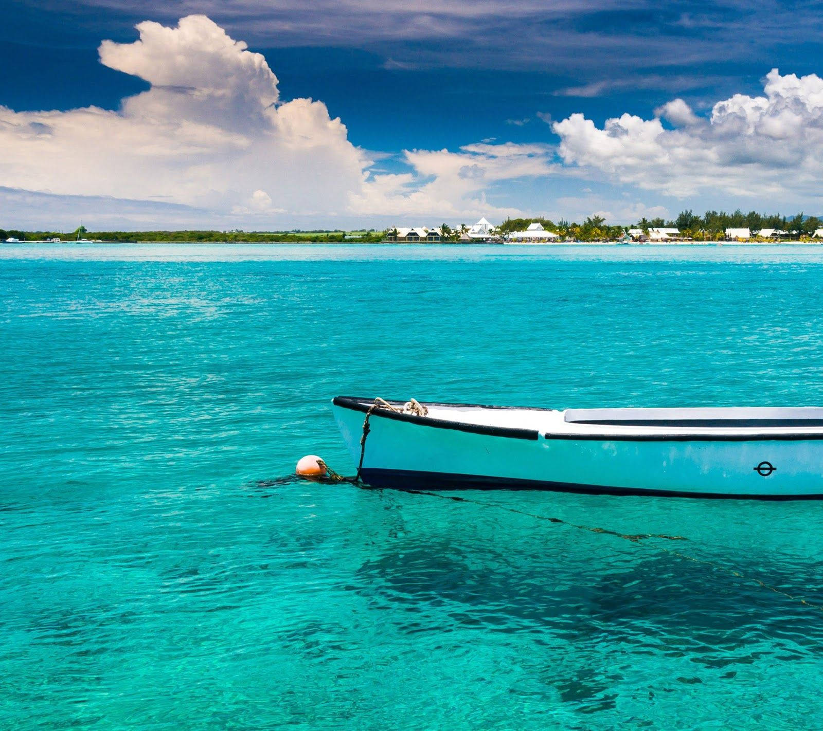 white boat, Mauritius ocean, crystal turquoise waters, HD Desktop Wallpaper