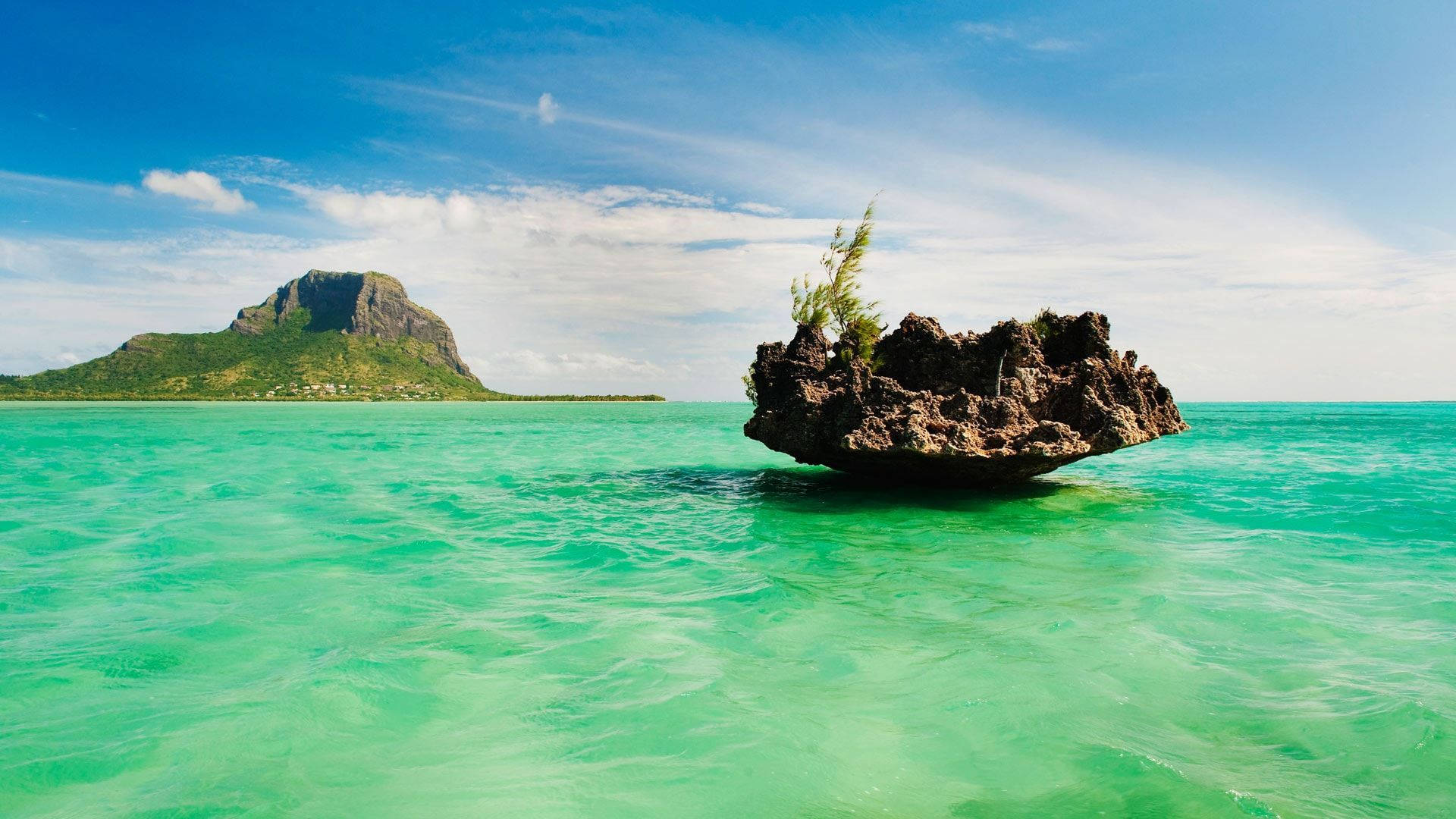 rock boulder, Mauritius ocean, crystal turquoise waters, Full HD Desktop Wallpaper