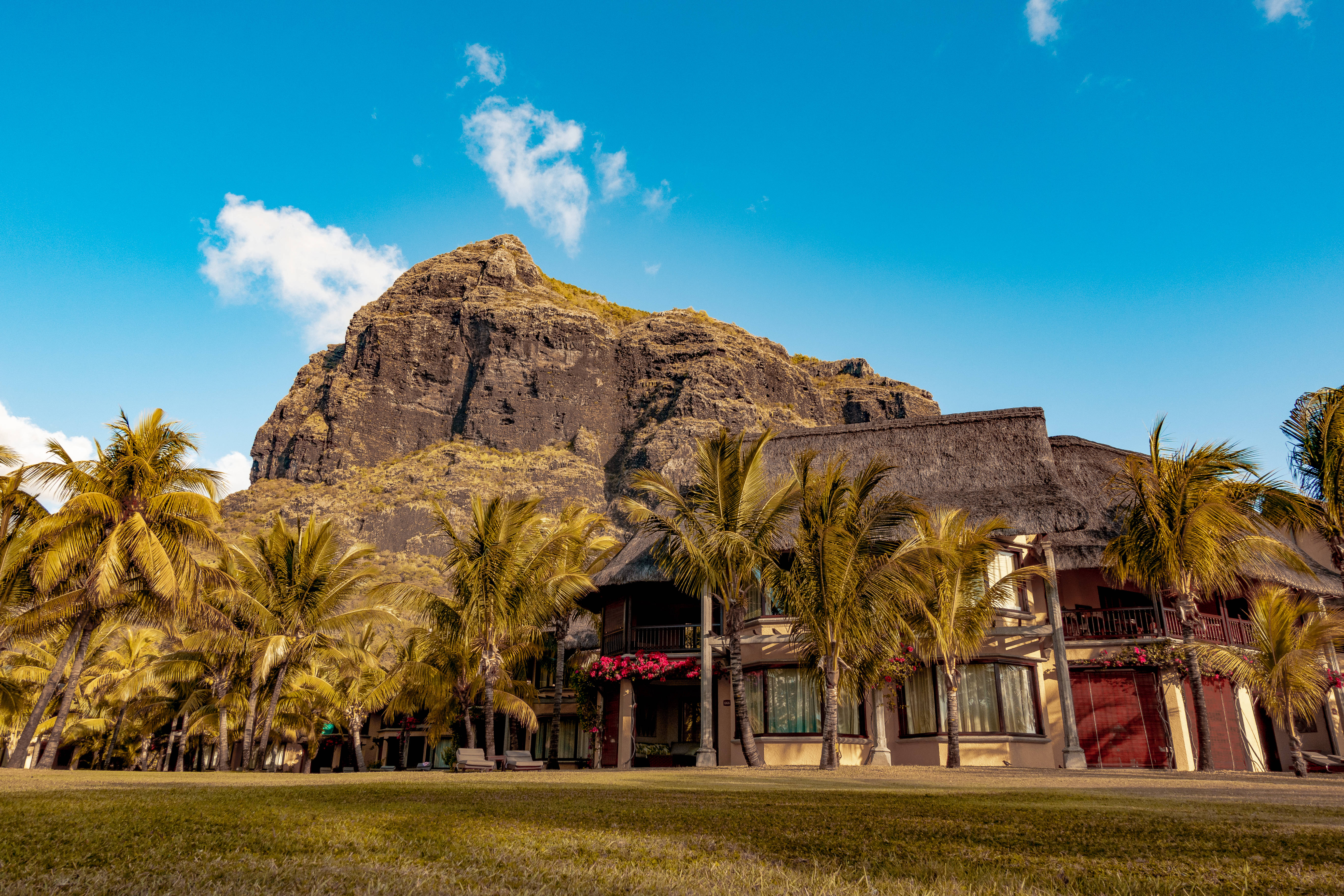 Mauritius, thatched roof buildings, palm trees, 5K Desktop Wallpaper