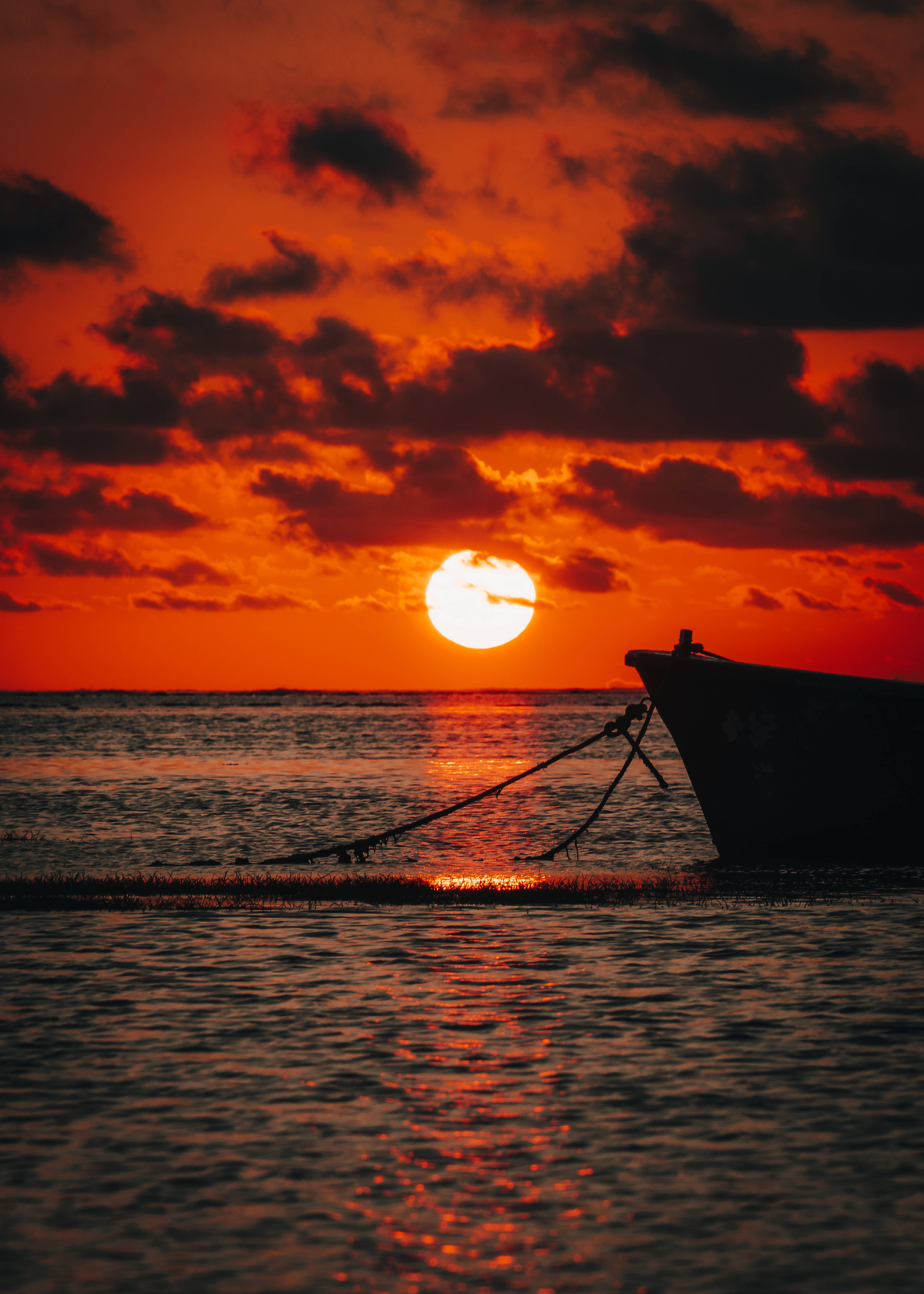 boat, sunset, glowing orange water, 4K Phone Wallpaper