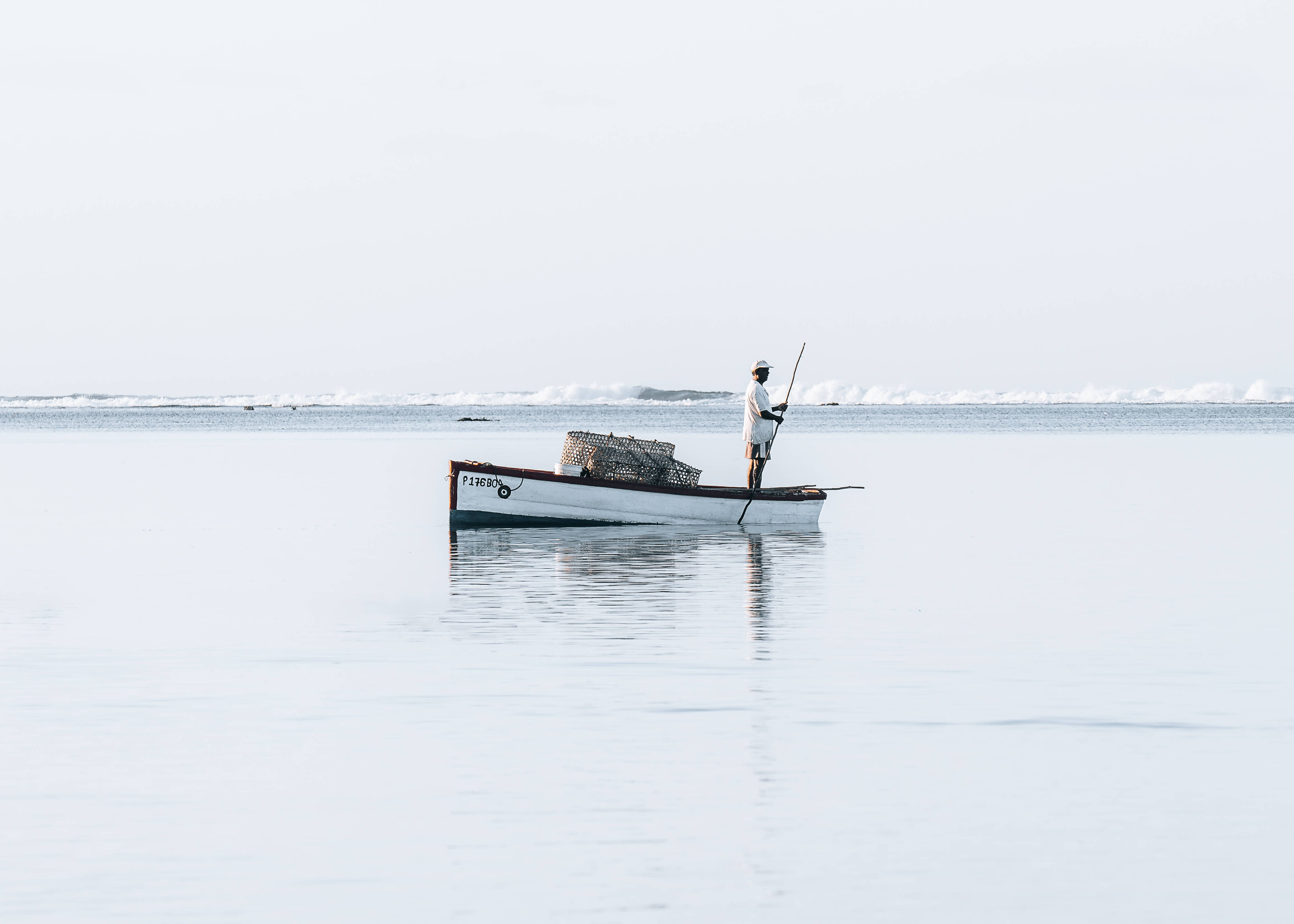 Mauritius, white boat, lone fisherman, 4K Desktop Wallpaper