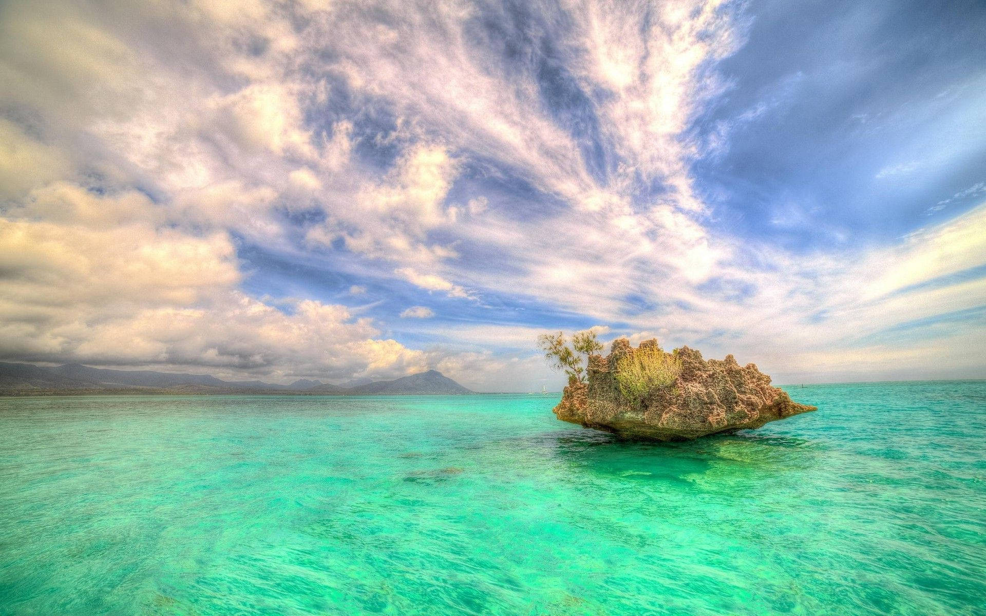 Mauritius, rocky islet, crystal turquoise waters, Full HD Desktop Wallpaper