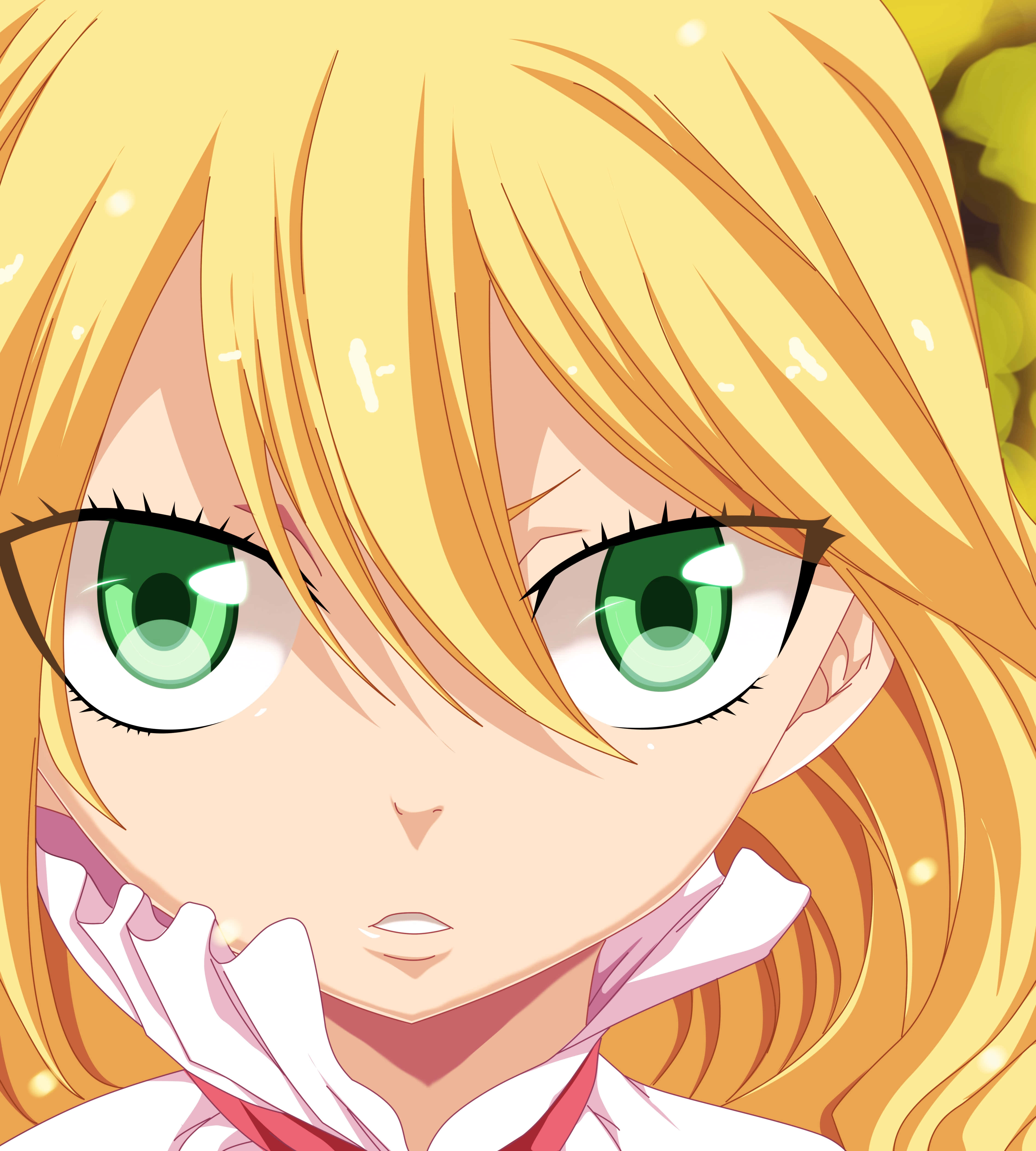 Mavis Vermillion, blonde anime girl, vibrant green eyes, 4K Phone Wallpaper