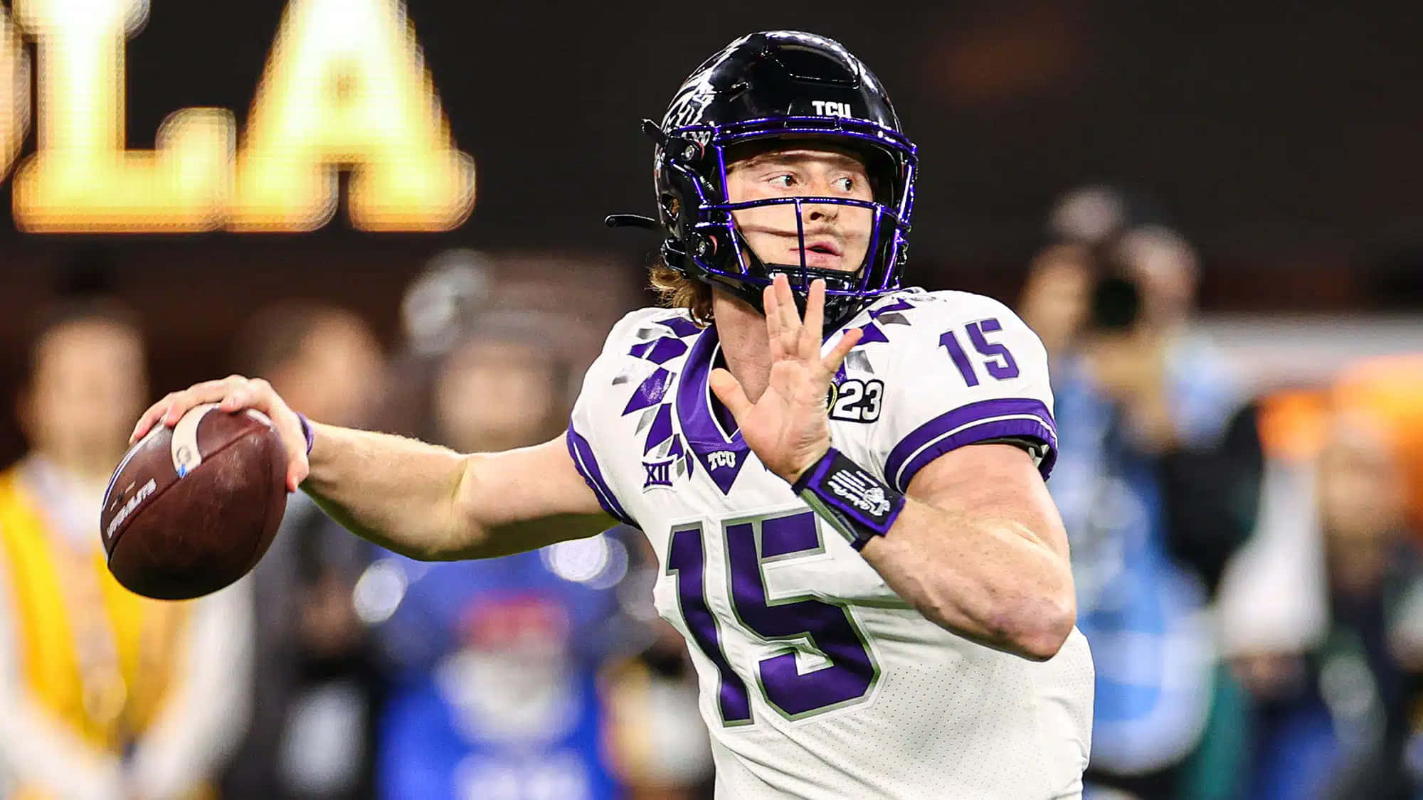 Max Duggan, T C U, white and purple uniform, Full HD Desktop Wallpaper