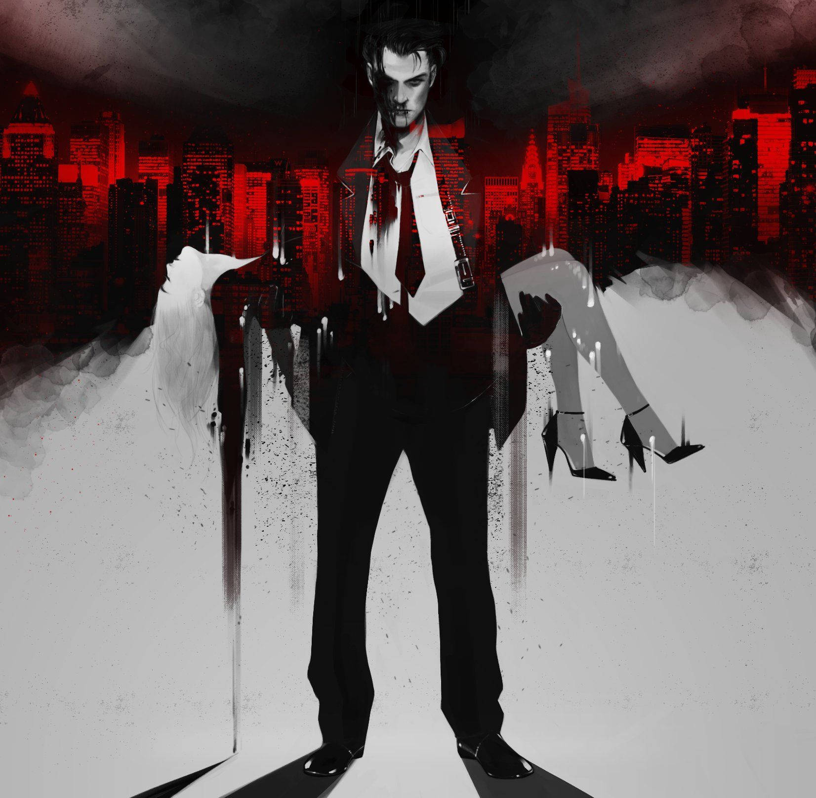 Max Payne, red-tinted cityscape, dripping blood effects, HD Desktop Wallpaper
