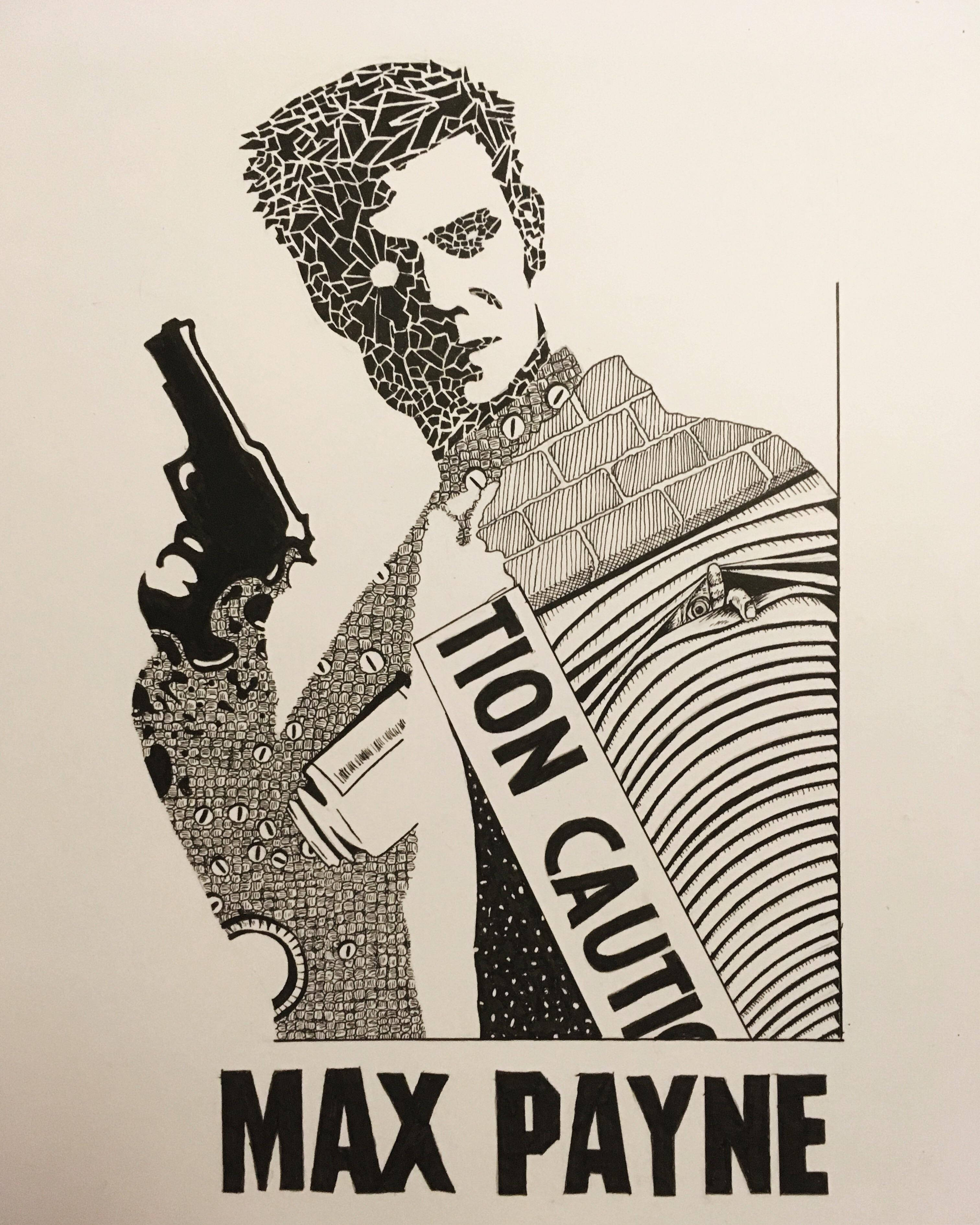 Max Payne, mosaic poster, black and white illustration, 2K Phone Wallpaper