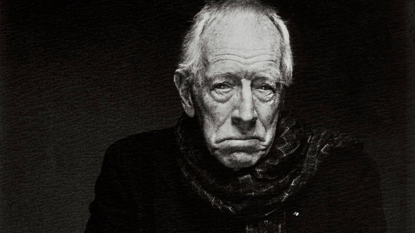 Max Von Sydow, black and white portrait, elderly man, HD Desktop Wallpaper