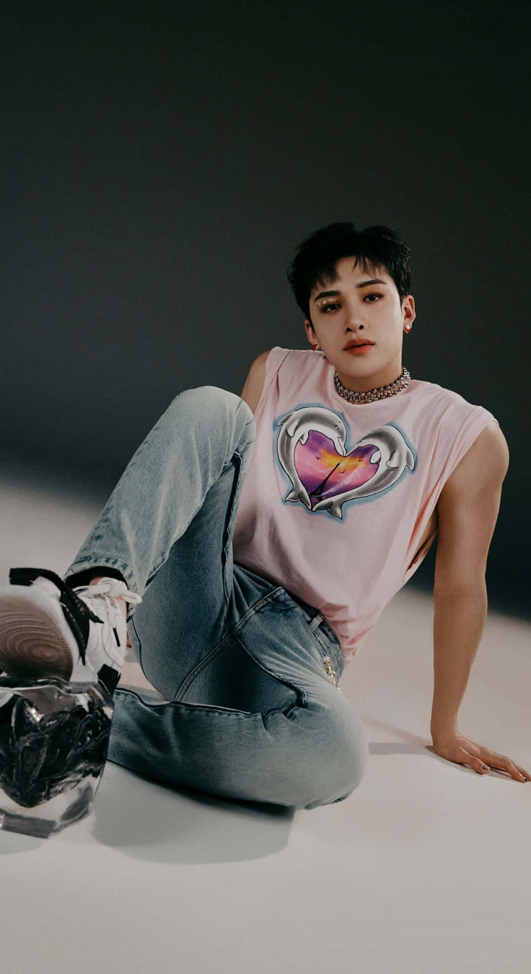 Maxident, pink heart graphic tank top, blue jeans, Full HD Phone Wallpaper