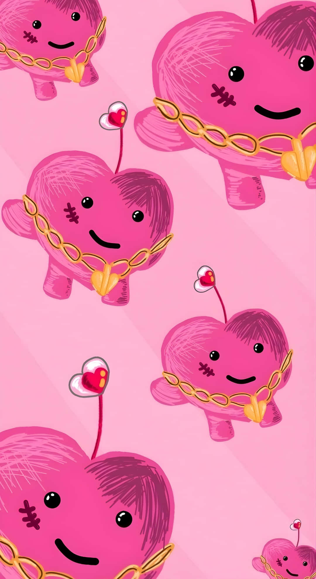 Maxident Heart Character Pattern, pink heart characters, gold chains, Full HD Phone Wallpaper