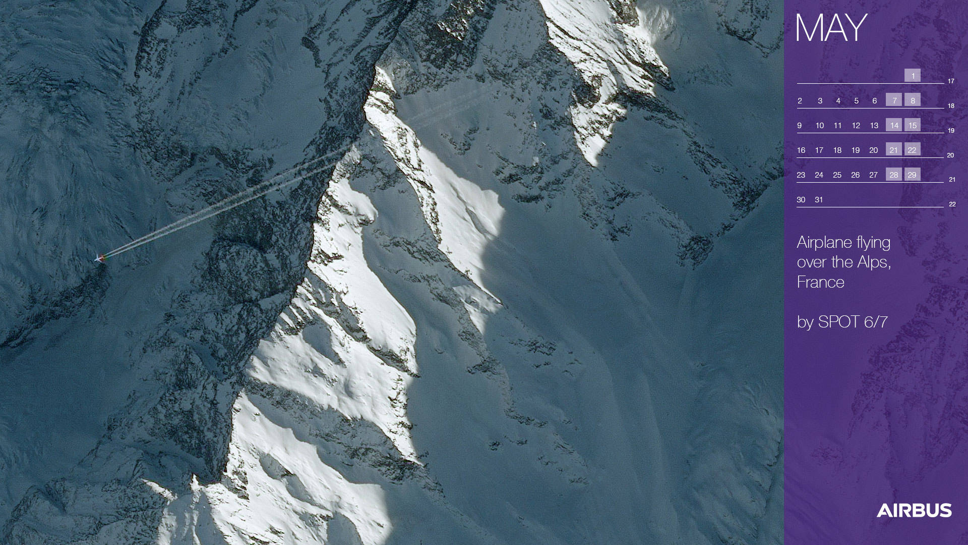 May 2022 Calendar, snow-covered mountain range, white airplane trail, Full HD Desktop Wallpaper
