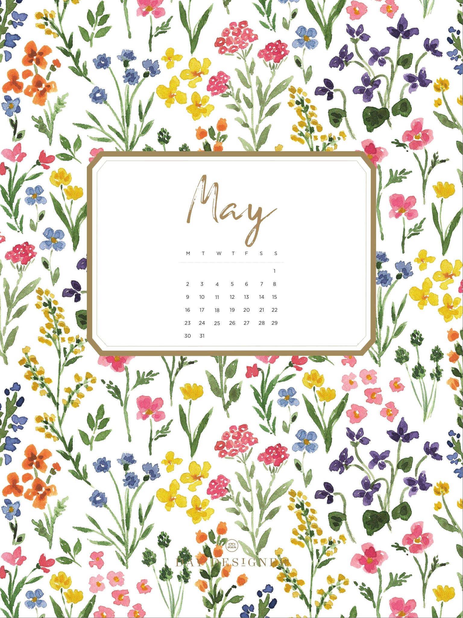 May 2022 Calendar, gold, watercolor floral pattern, Full HD Phone Wallpaper