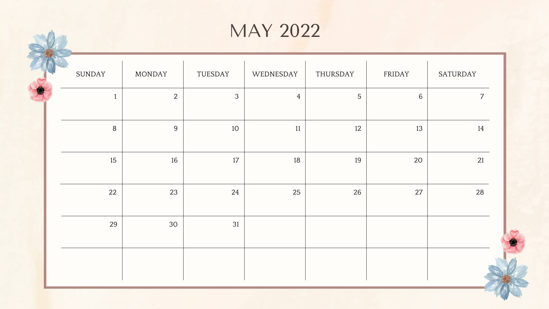 May 2022 Calendar, pastel-toned, floral accents, Full HD Desktop Wallpaper