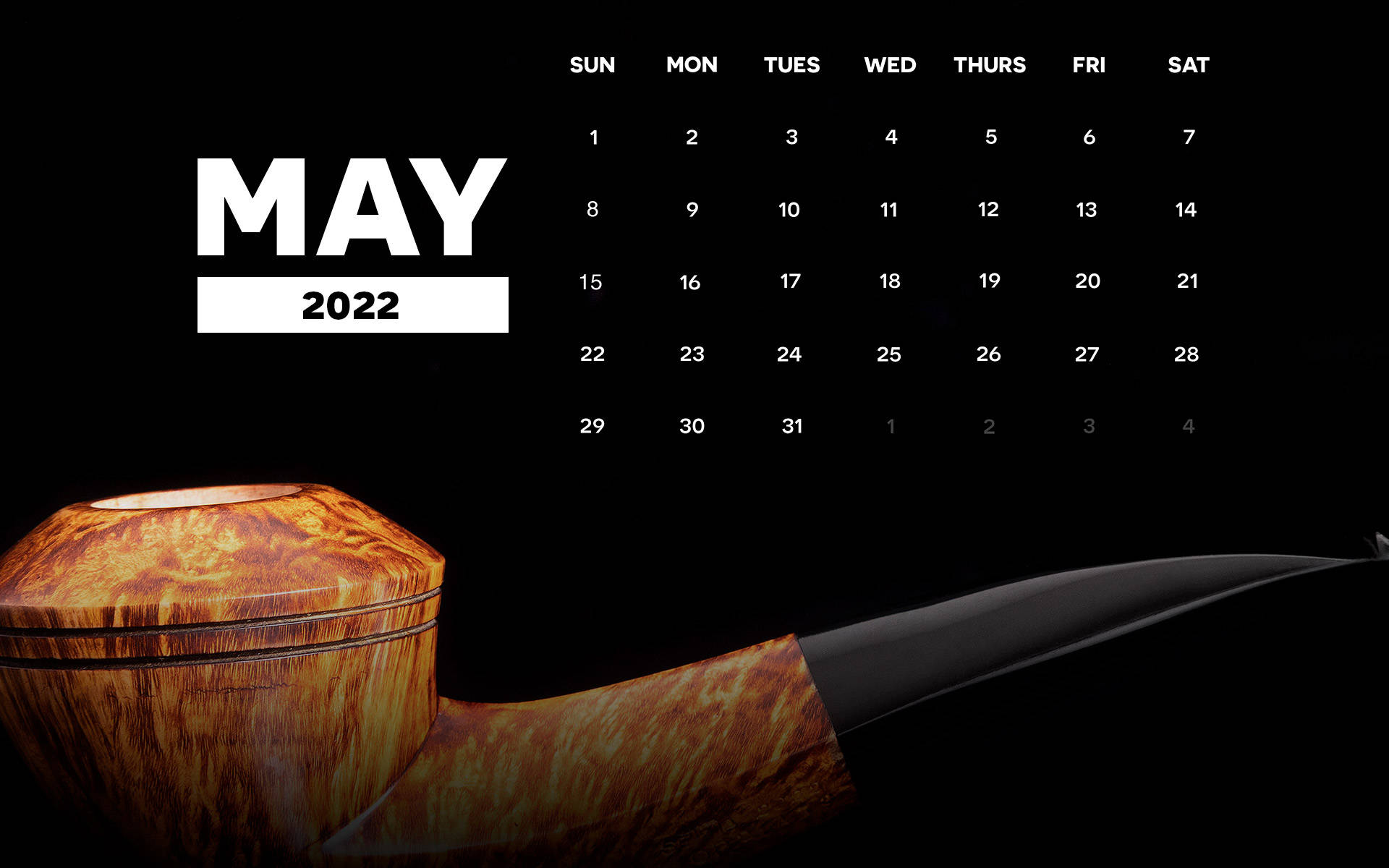 May 2022 calendar, wooden pipe, minimalist black background, Full HD Desktop Wallpaper