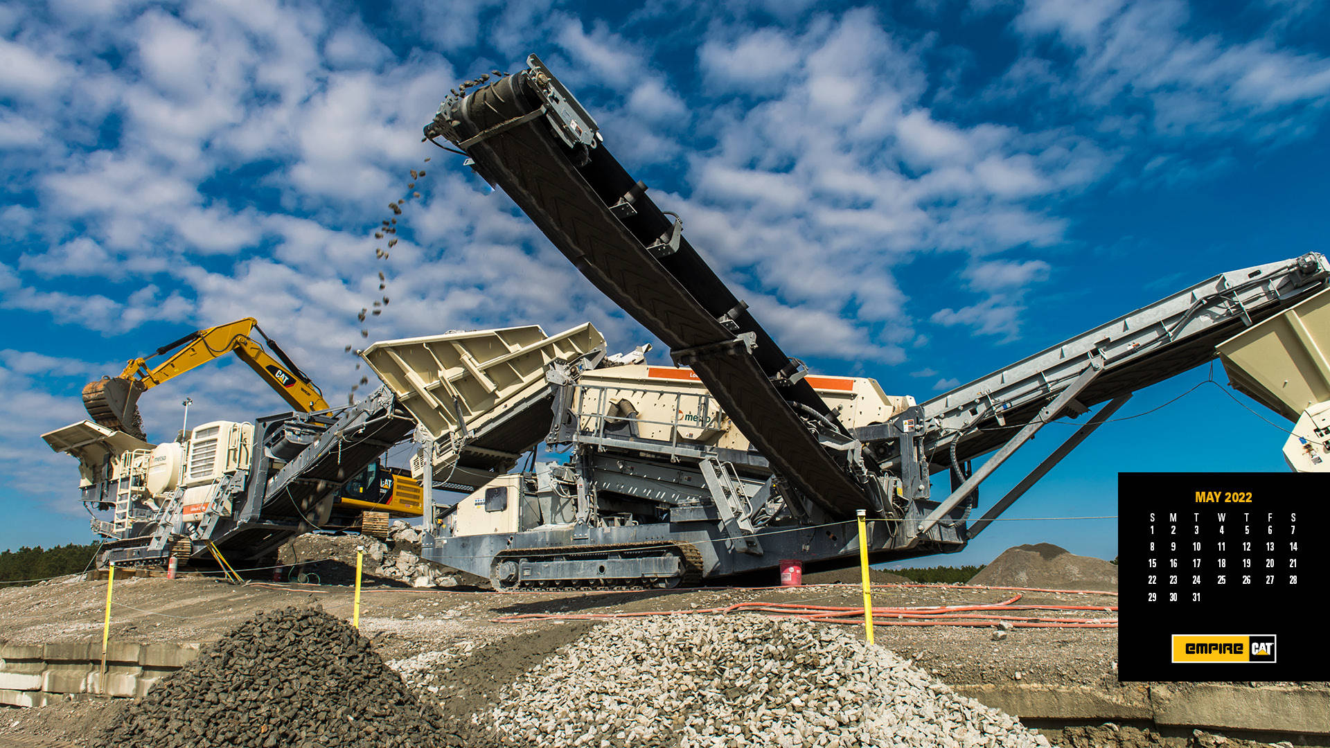 2022 Calendar, yellow excavator, crushed stone, Full HD Desktop Wallpaper