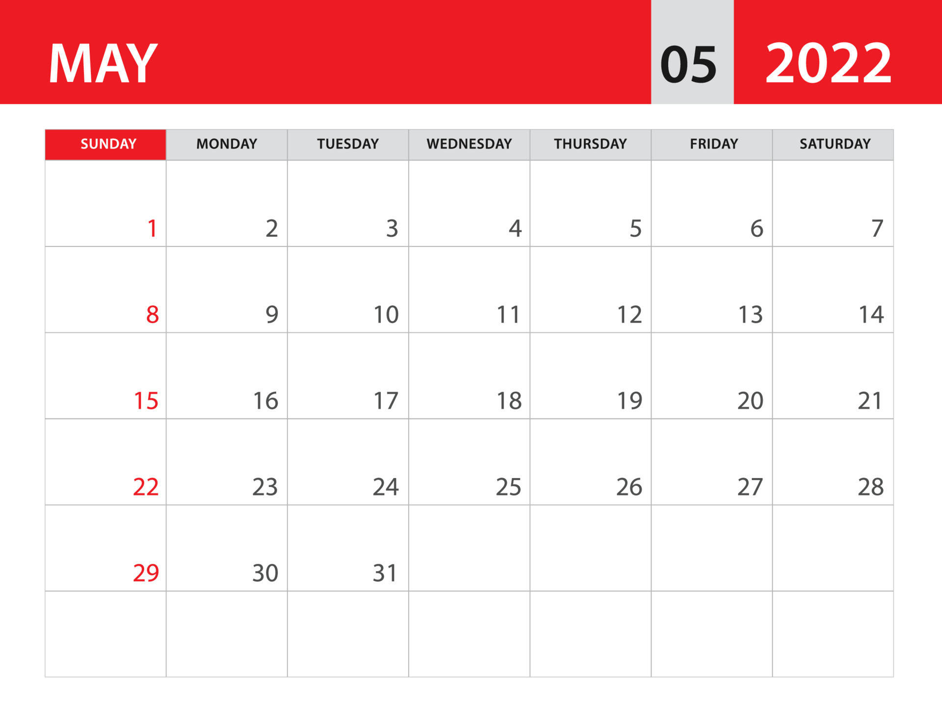 May 2022 Calendar, red header, red Sundays, Full HD Desktop Wallpaper