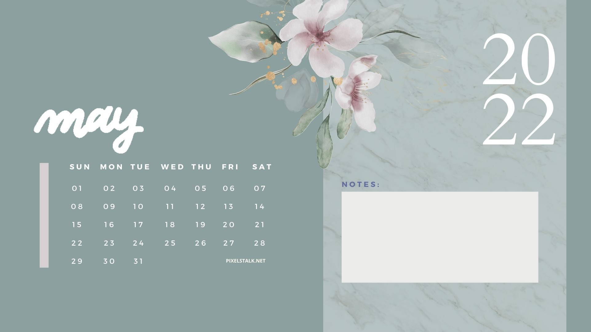 May 2022 Calendar, soft pink flowers, marble texture, Full HD Desktop Wallpaper