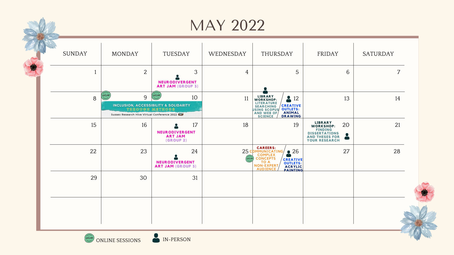 May 2022 Calendar, pastel-toned, floral accents, Full HD Desktop Wallpaper