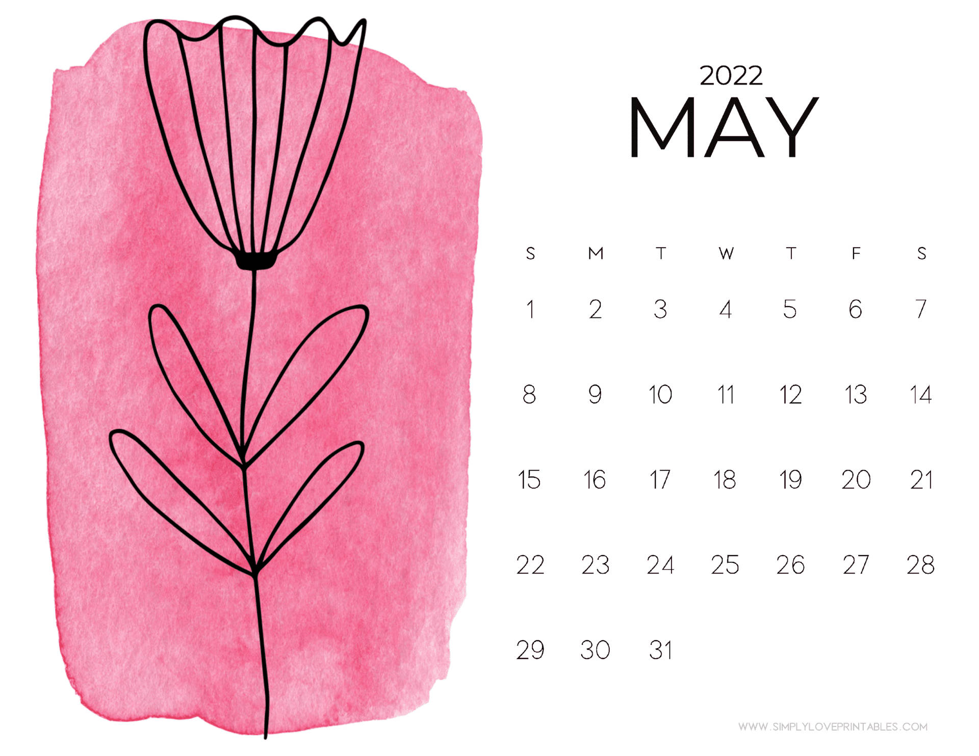 May 2022 Calendar, pink watercolor background, black line art flower, Full HD Desktop Wallpaper